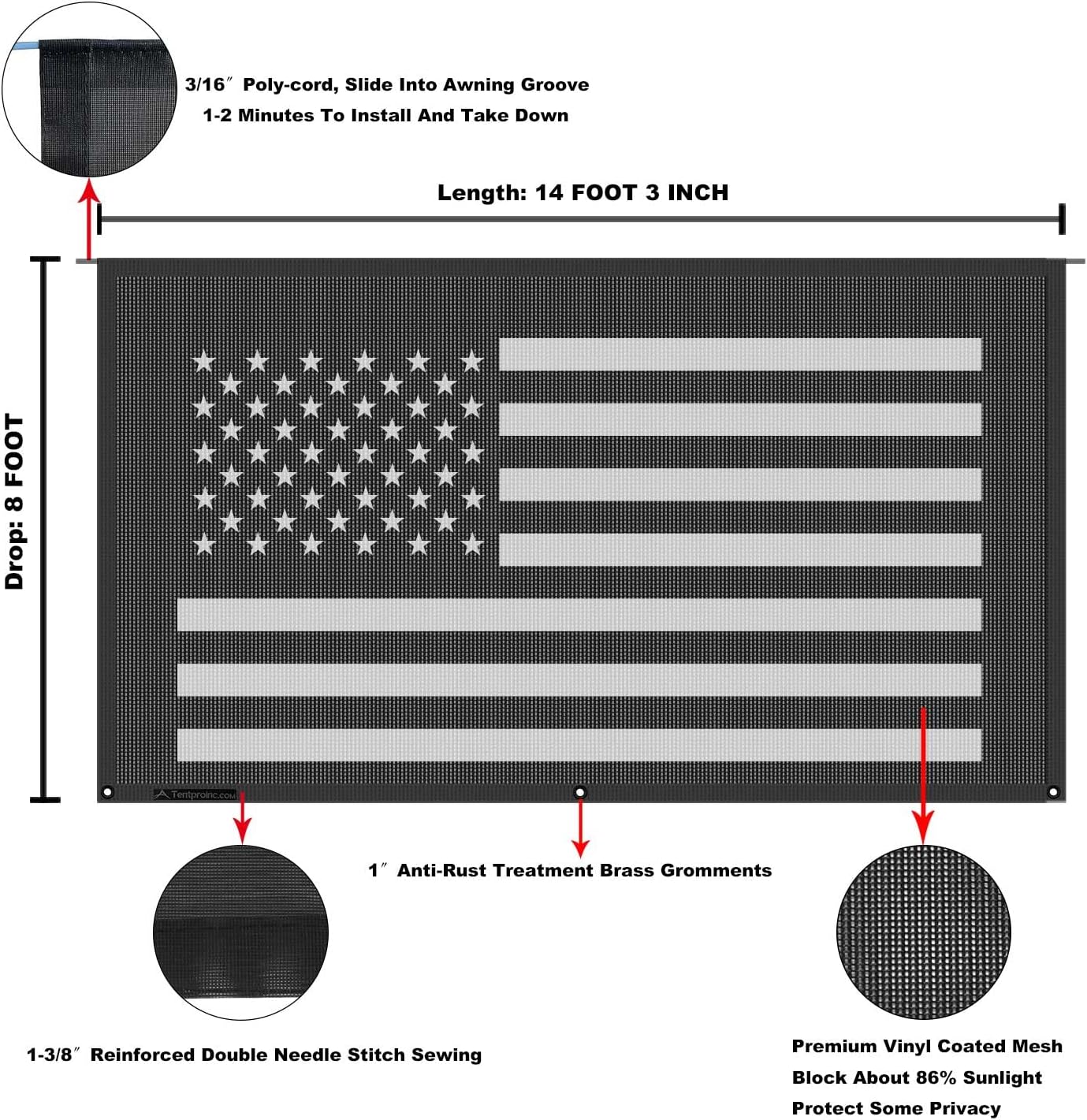 Thumbnail 5 de Tentproinc American Flag RV Awning Sun Shade (8' x 14'3") with UV Block and Open View