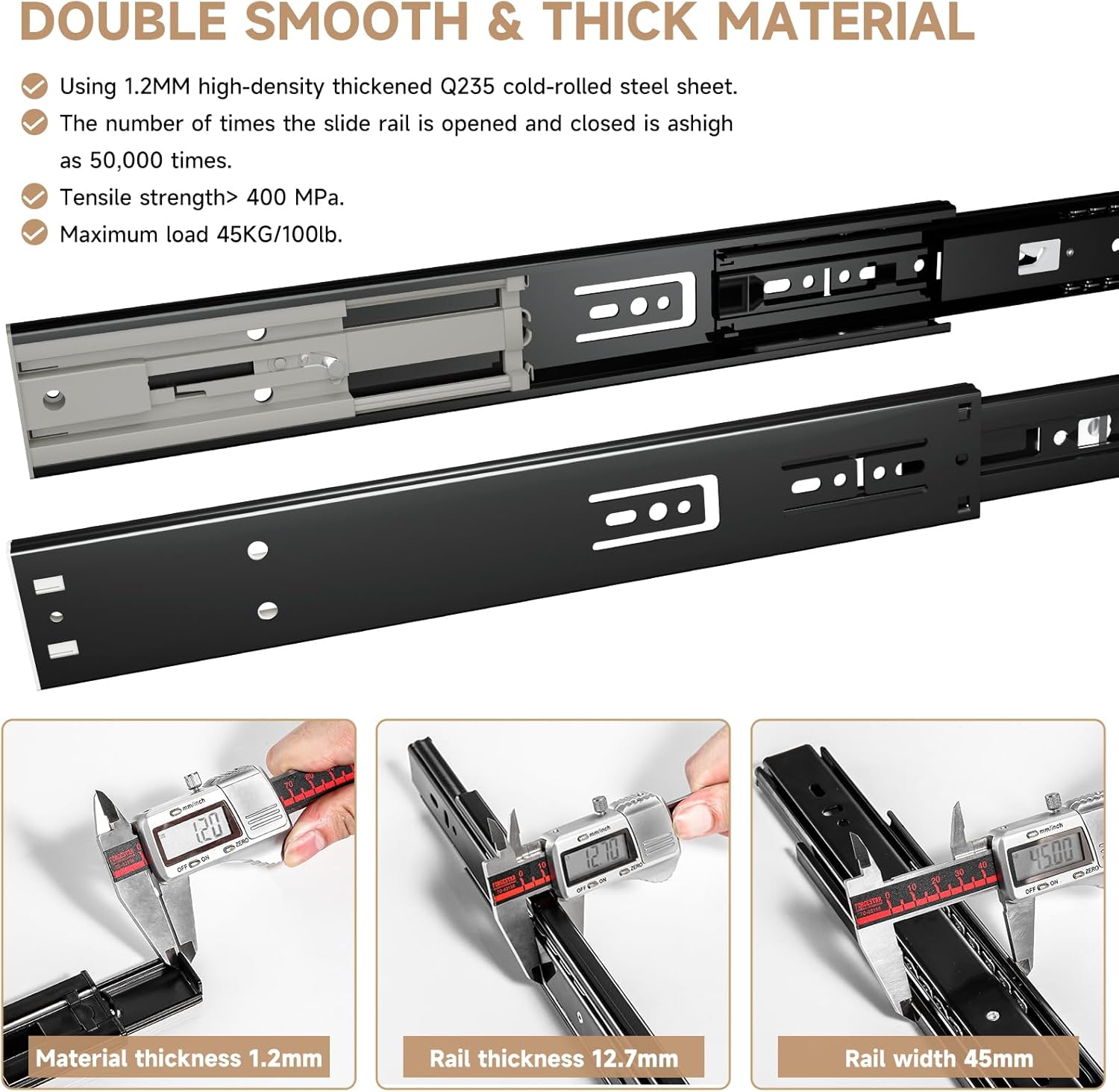 Thumbnail 5 de AOLISHENG Schubladenschienen 450 mm – Vollauszug mit Push-to-Open, 45-kg-Tragkraft (1 Paar)