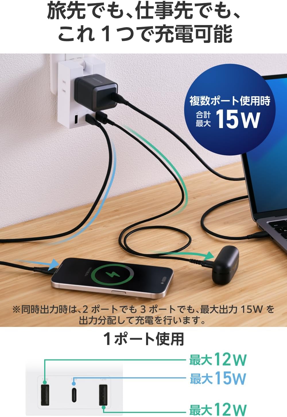 Detalle de エレコム ECT-37-3A2CWH USB付き直挿し電源タップ 3個口・USB-A×2・USB-C×1、合計15W