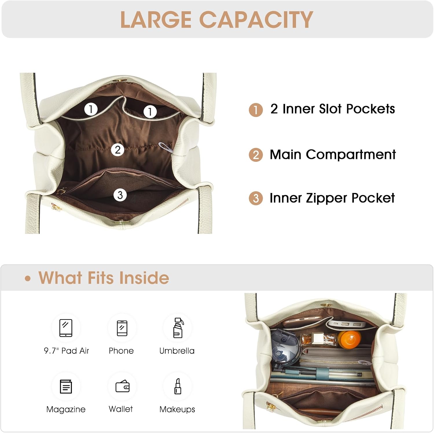 Detalle 2 de Kattee Genuine Leather Shoulder Tote Bag with Magnetic Closure (fits 9.7-inch tablet)