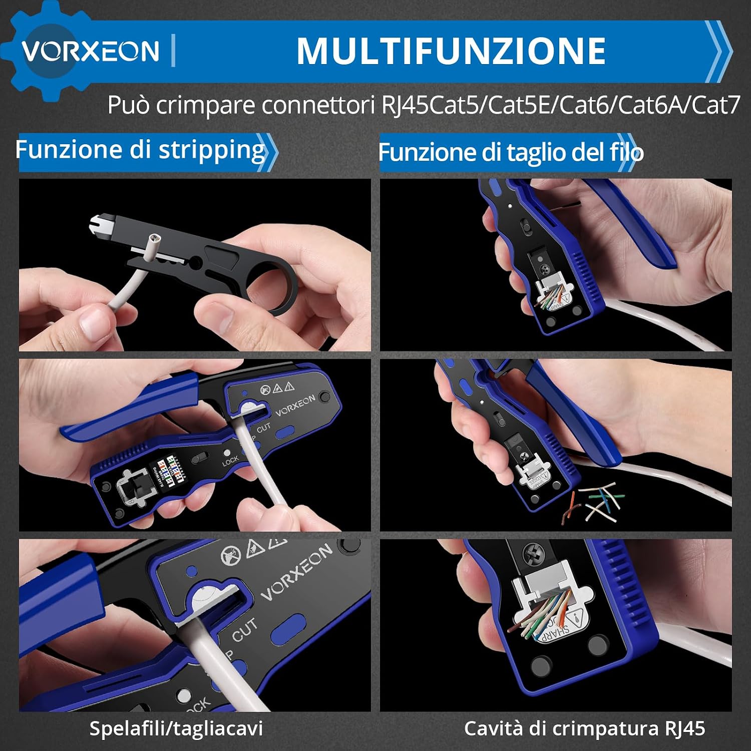 Thumbnail 2 de VORXEON Pinza Crimpatrice RJ45 di Rete Ethernet – Kit completo per cablaggio CAT5/CAT5E/CAT6/CAT6A