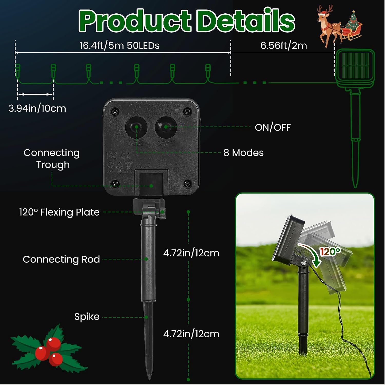Detalle 1 de Moettany 5GREEN-2-TYN Solar Christmas String Lights, 100 Green LEDs, 8 Modes