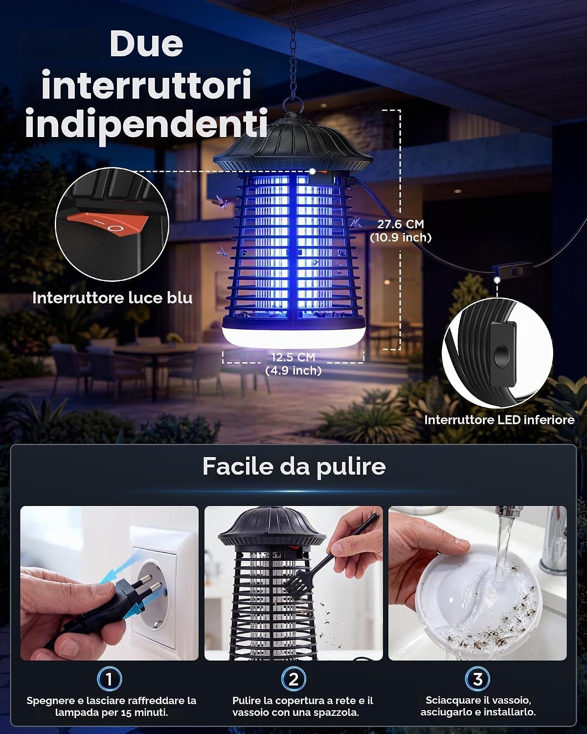 Detalle de VIWAVE Lampada Antizanzare Elettrica 4200V – Trappola UV 365nm con LED, 3 m di cavo, copertura fino a 150 m²