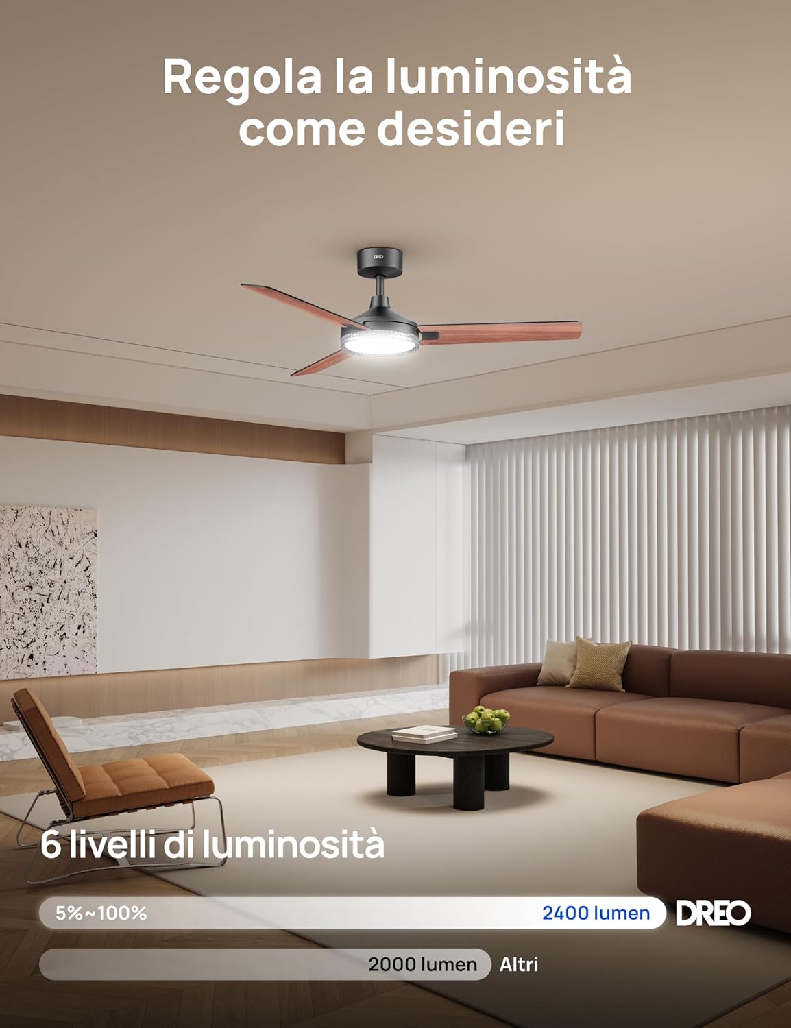 Detalle de DREO ventilatore da soffitto con luce e telecomando 132 cm – nero