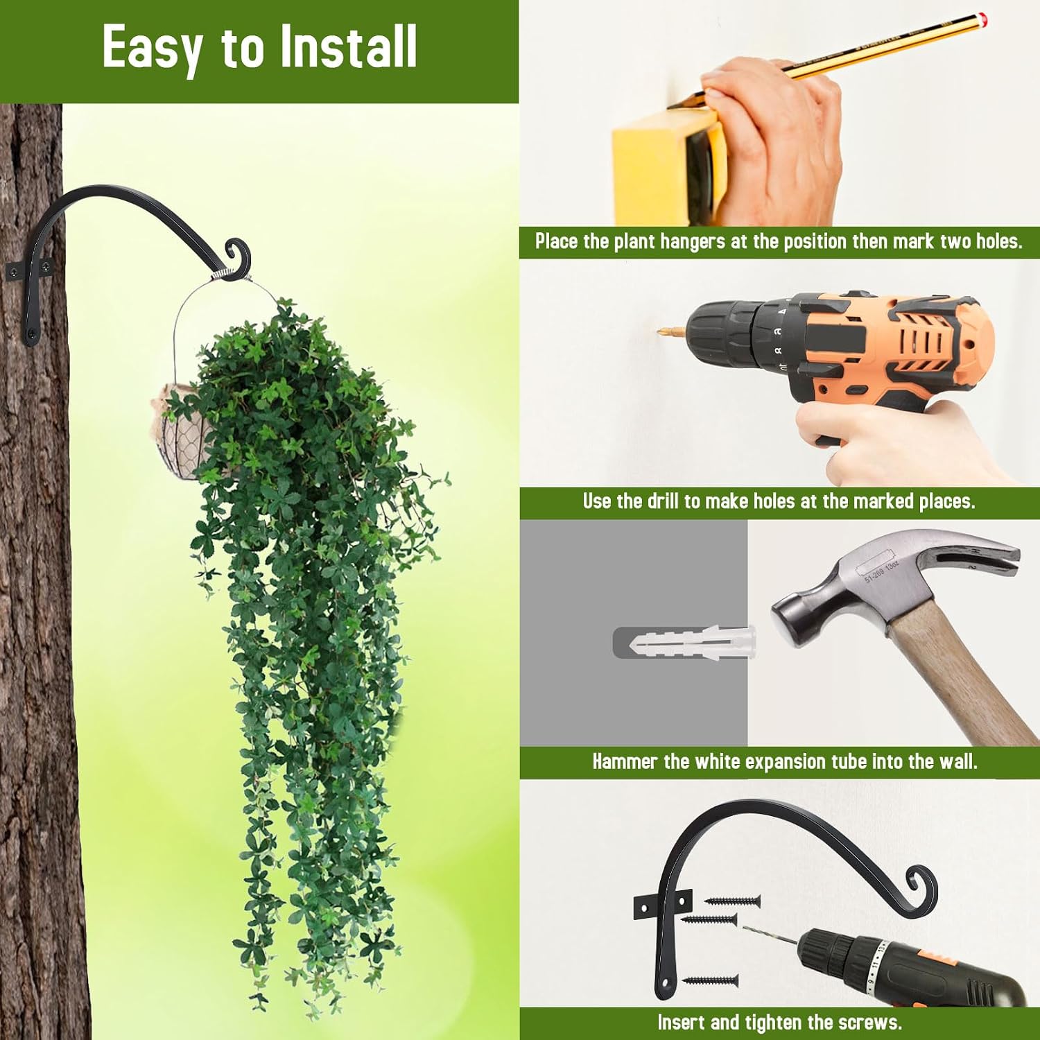 Thumbnail 5 de FEED GARDEN BJC-CBG-12IN-2 Wall-Mounted Plant Hooks, 12-Inch, Black, 2-Pack