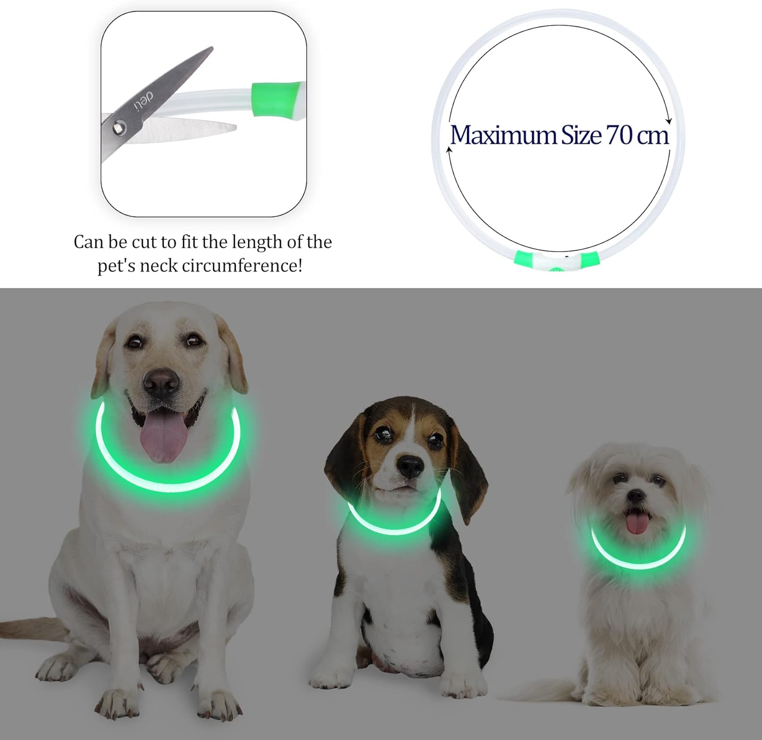 Detalle de Coolzon Collare Luminoso USB per Cani e Gatti – LED 3 Modalità, Impermeabile, Taglie Piccola/Media/Grande, Verde