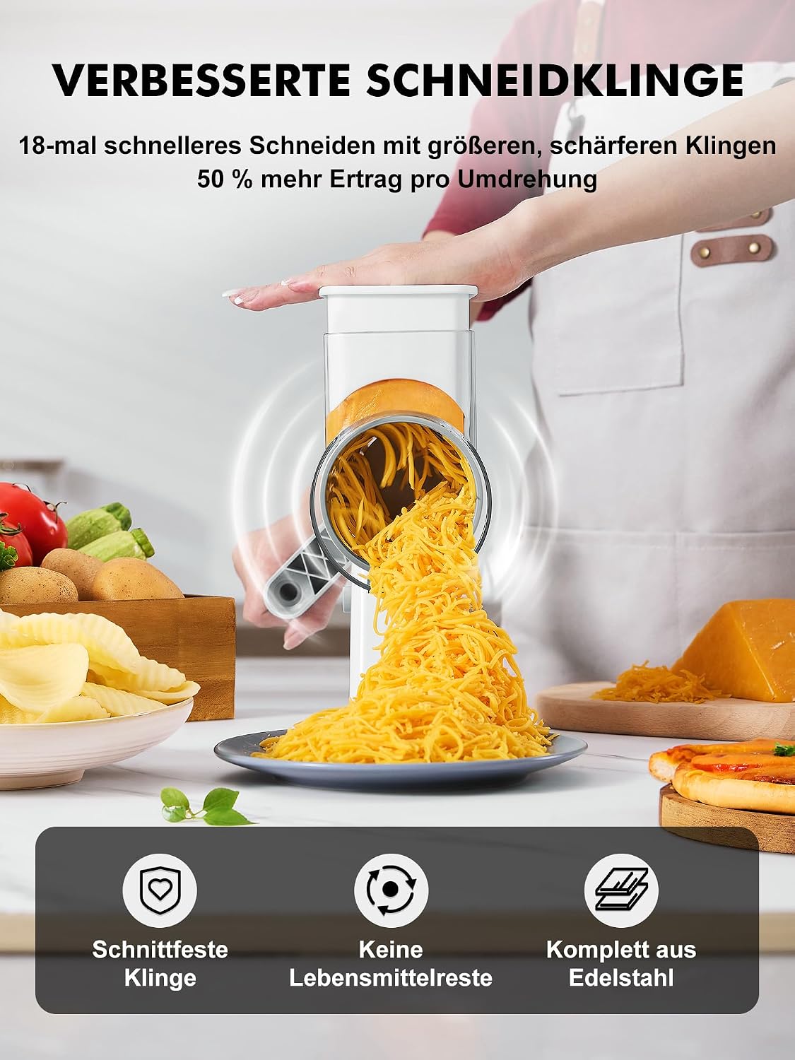 Detalle de GDL Käsereibe: 4-in-1 Gemüsereibe mit starker Saugnopfbasis – Weiß