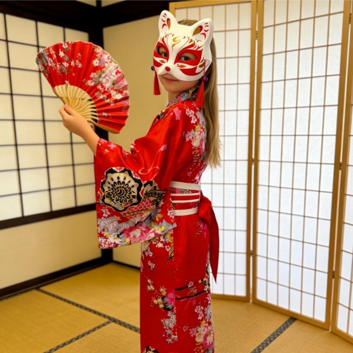 Detalle de CRFASIBE Japanse yukata-kostuumset voor meisjes, 5-delig met masker en accessoires