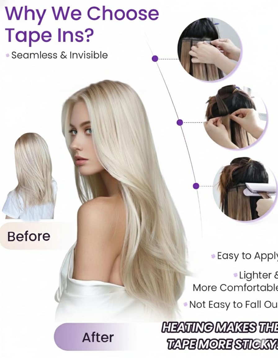 Detalle 2 de LaaVoo Tape-In Hair Extensions: 20-inch Remy Human Hair Ombre (Brown to Ash Blonde) – 50g, 20pcs