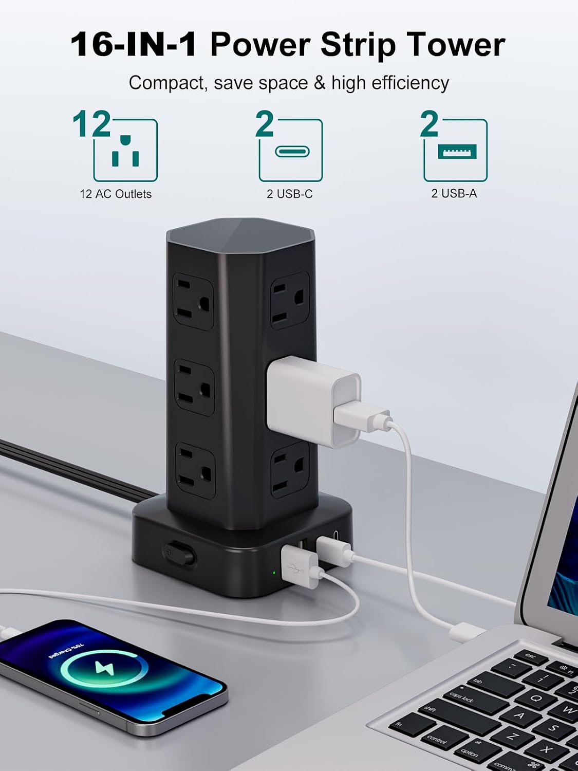 Detalle 2 de Power Strip Tower Surge Protector: 16-in-1 Desktop Charging Station with 12 AC Outlets and 4 USB Ports (2 USB-C) - 6ft Long
