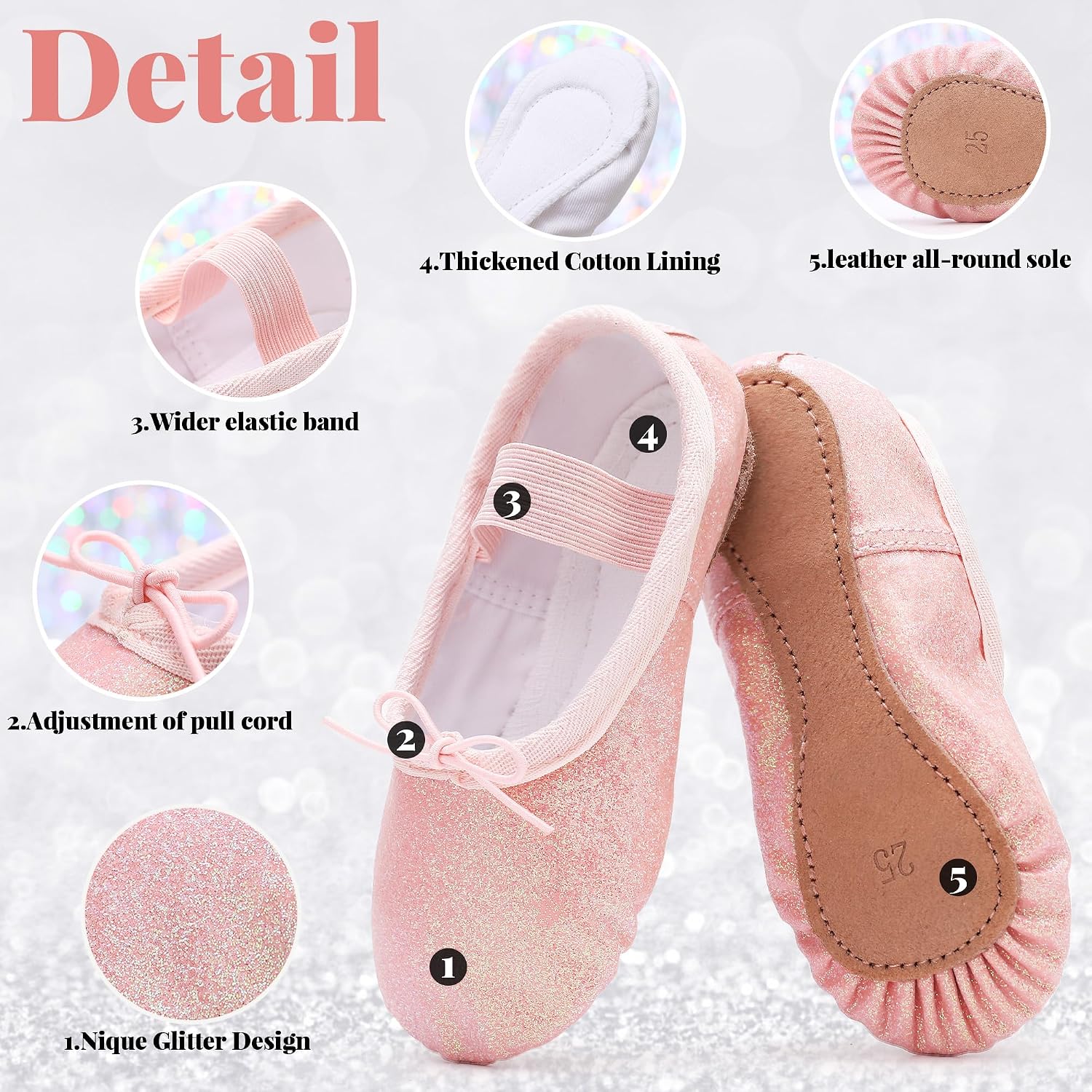 Detalle de Girls’ Glitter Ballet Shoes – Leather Full Sole Ballet Slippers (Full Sole Dance Flats)