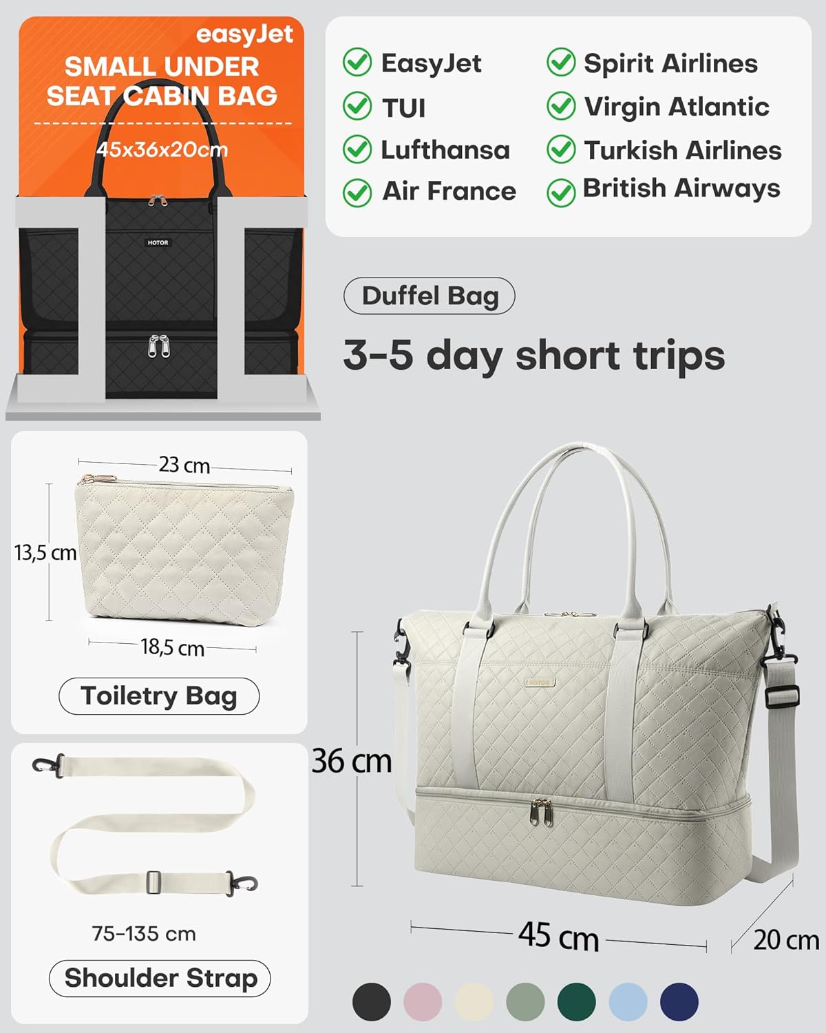 Detalle de HOTOR women’s lightweight travel bag (beige) with shoe compartment and wash/toiletry bag, 34 x 45 x 20 cm