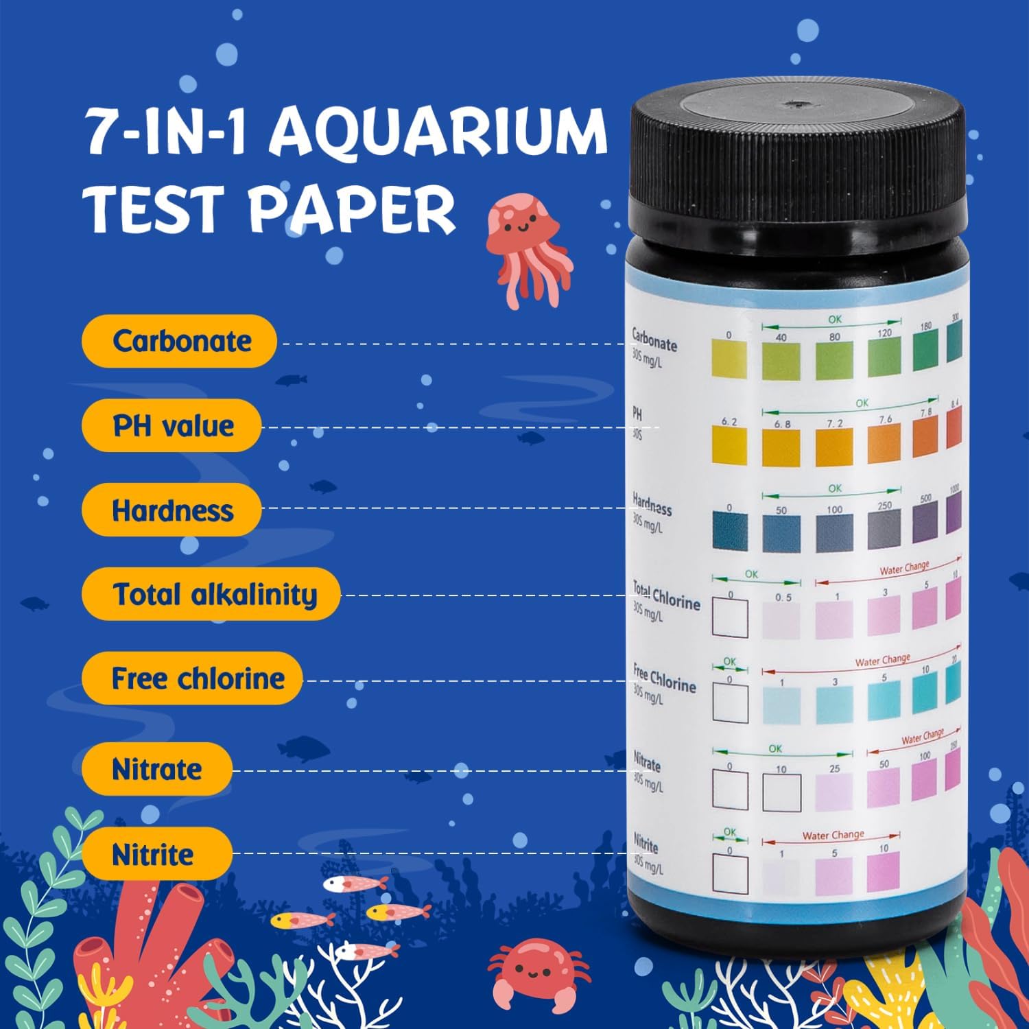Detalle 2 de Nobleza Strisce Test Acquario 7in1 (100 pezzi) – controlli rapidi di pH, nitriti, nitrati e altri valori
