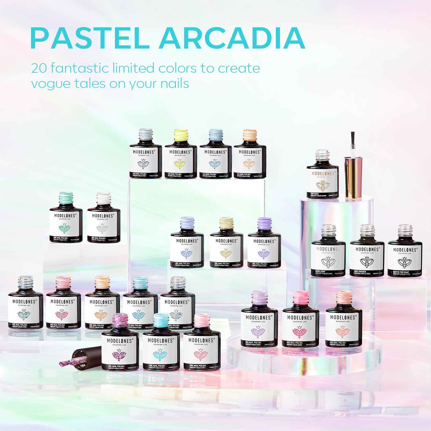 Detalle de Modelones 24Pcs Gel Nail Polish Set: 20 Easter Pastel Colors with Glitter, Glossy & Matte Top Coats