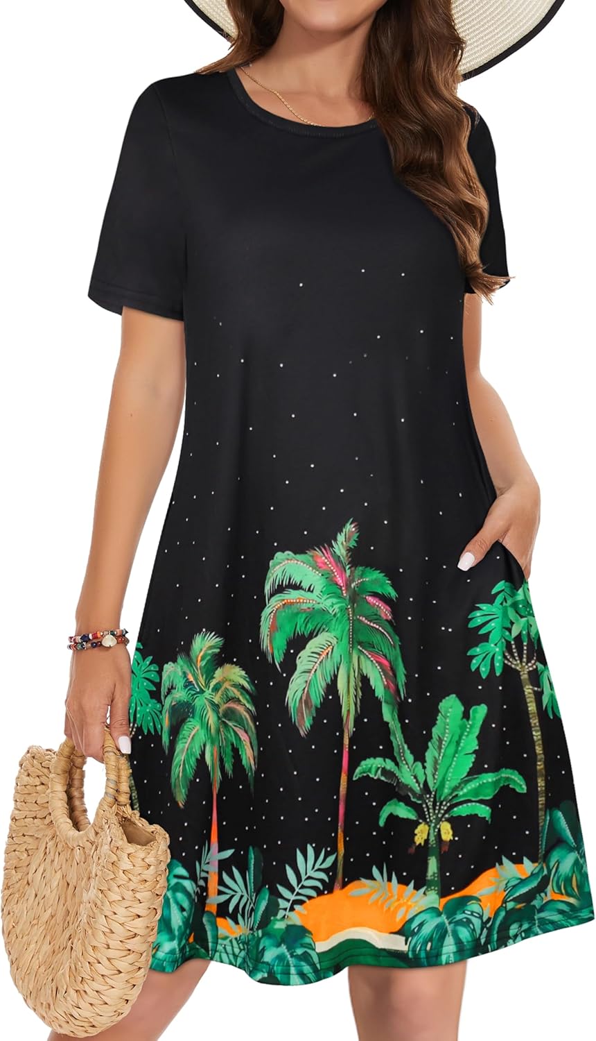 Thumbnail 4 de Summer Dresses for Women Casual T‑Shirt Short Sleeve Floral Sundress Cover-Up with Pockets (Knee-Length)
