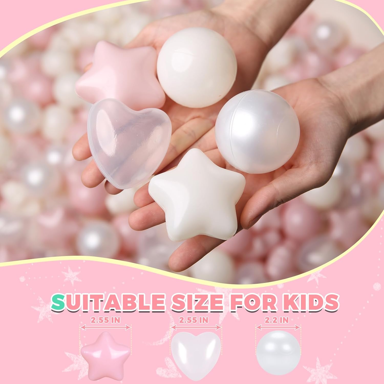Thumbnail 2 de TRENDPLAY Ball Pit Balls Star and Heart Shapes — 200 Count (2.5" Stars, 2.2" Balls) in Cream Pink Beige Pearl White Clear