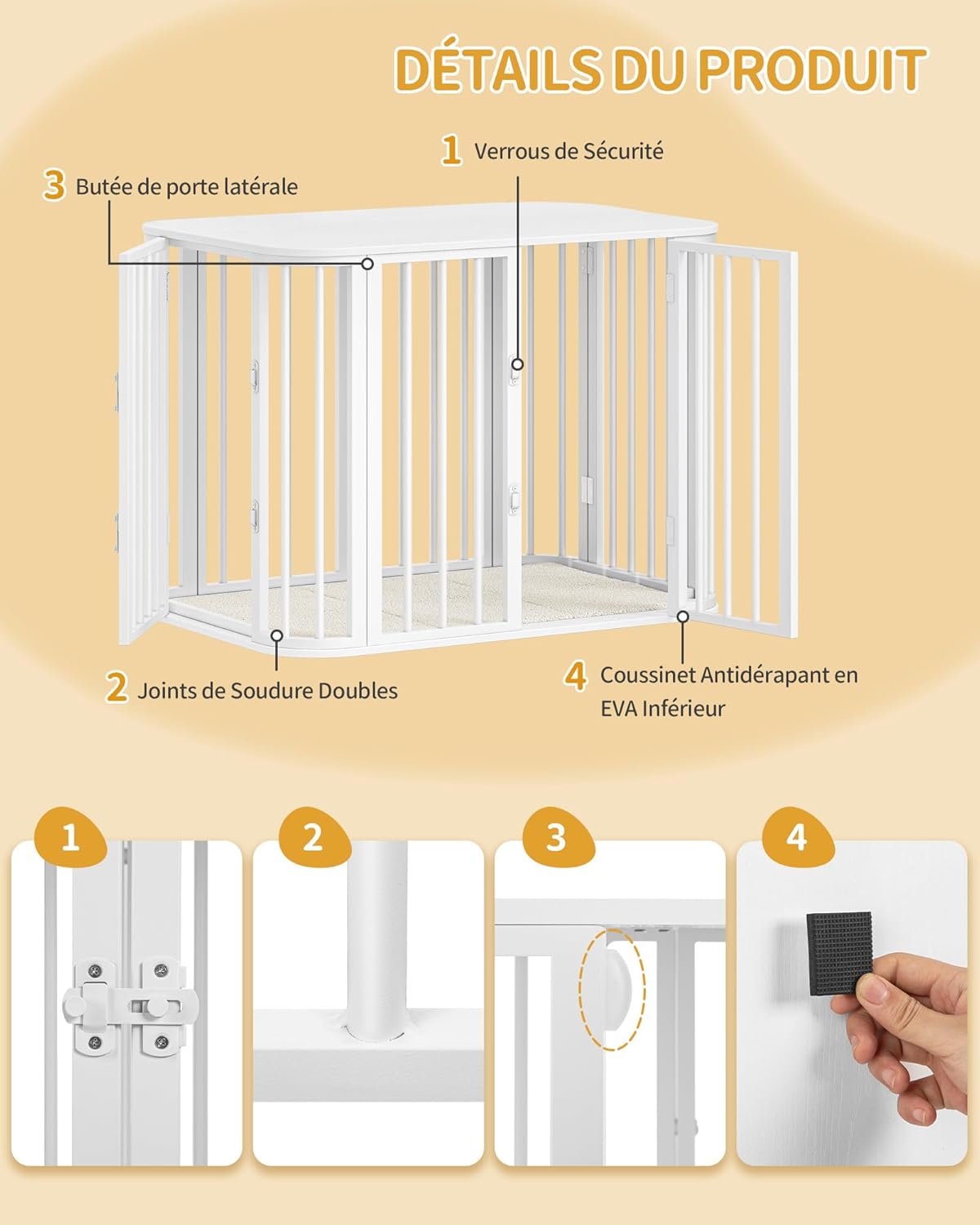 Detalle 2 de Hzuaneri Cage pour Chien Meuble — Cage d’intérieur à trois portes, 77 × 52 × 59 cm, bois et métal, blanc (DFC87713W)