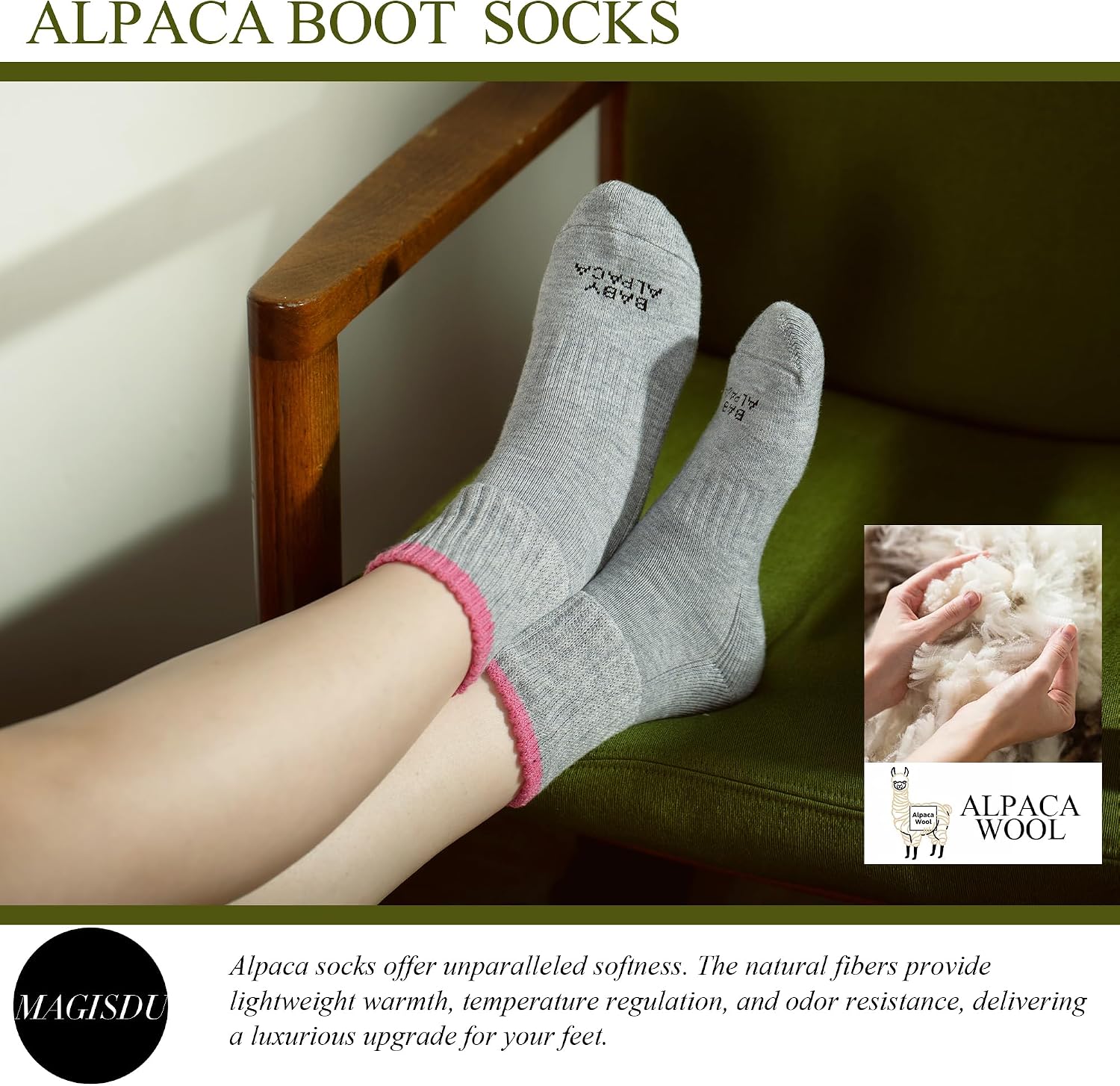 Detalle de MAGISDU Alpaca Wool Boot Crew Socks, 3 Pairs, Thermal Cushioning