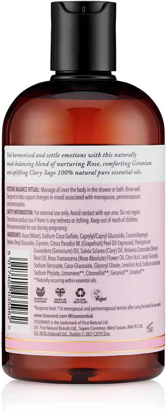 Detalle 2 de Tisserand Restore Balance Bath & Shower Wash for Perimenopause, Menopause & Menstruation – Rose, Clary Sage & Geranium (400ml)