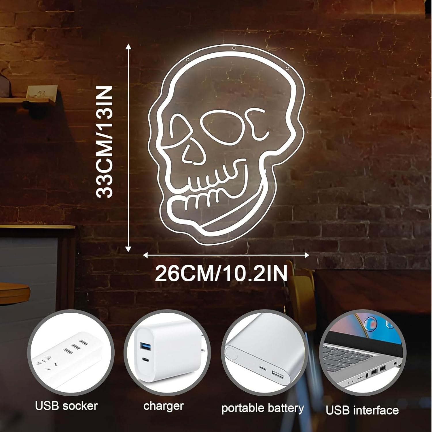 Detalle de ENUOLI Skeleton Skull Neon Sign: USB‑Powered LED Skull Neon Light for Bedroom, Adjustable Brightness
