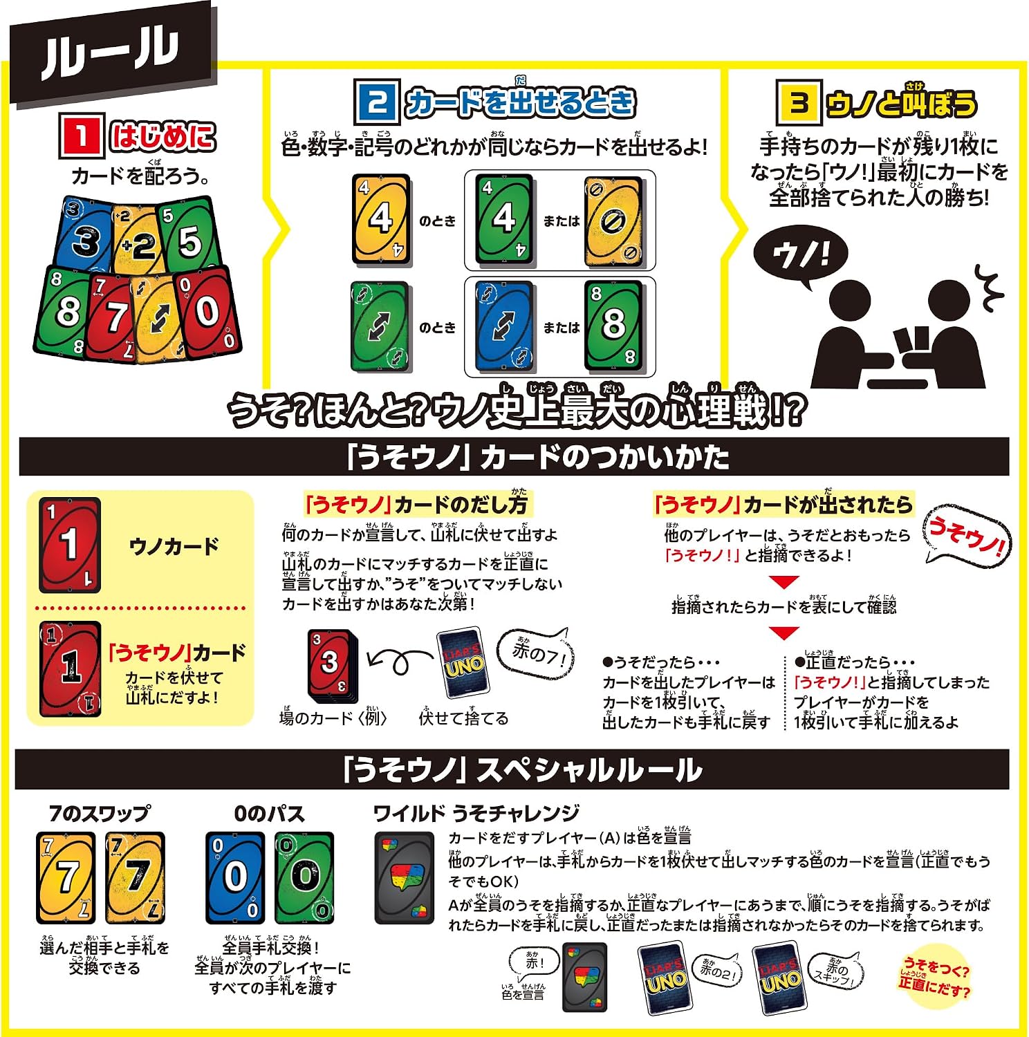 Detalle 1 de マテルゲーム UNO うそウノ JLH43 カードゲーム、2~6人用・7歳以上、ブラフと手札交換