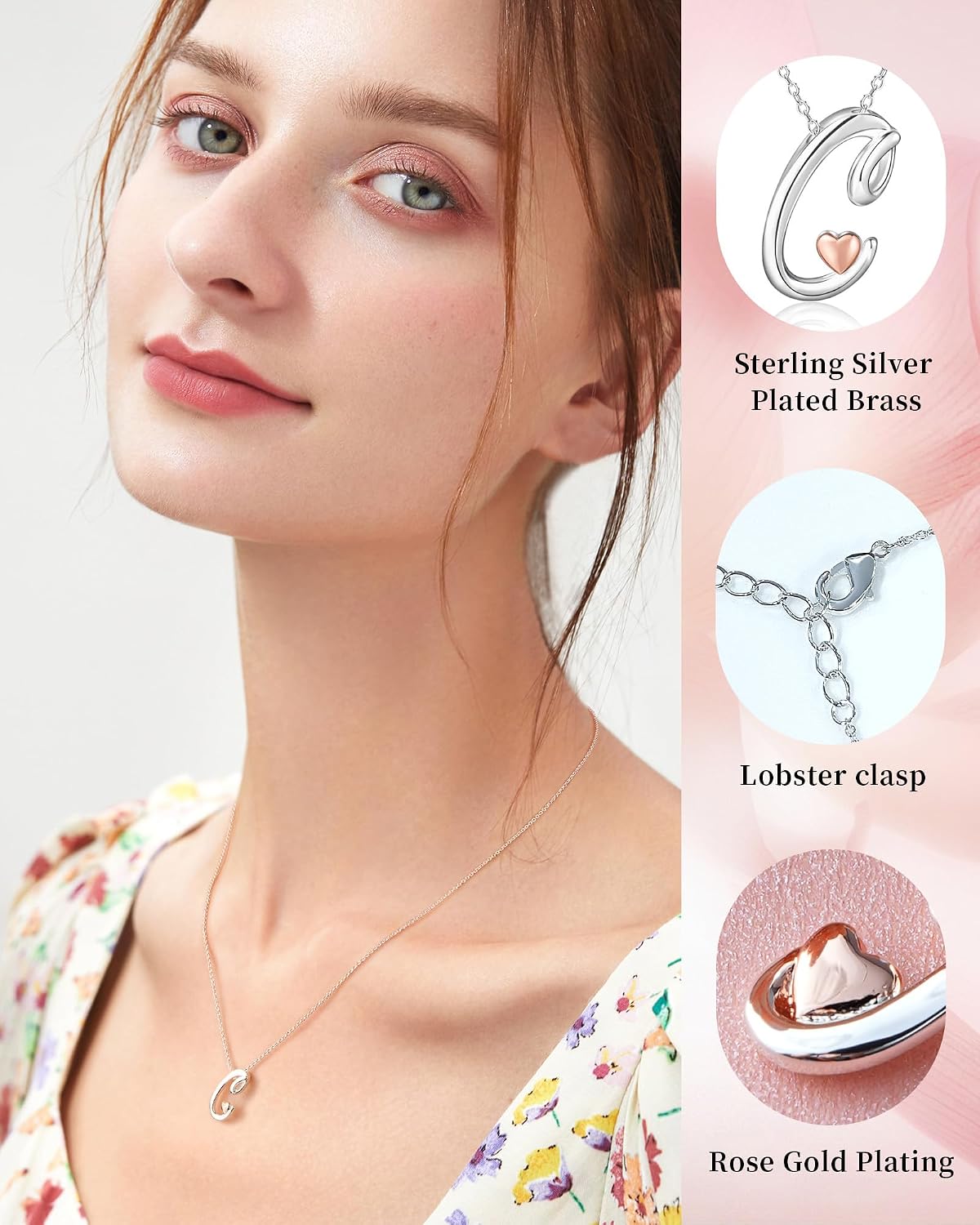 Detalle de Mesovor Collier avec initiale en argent et cœur en or rose pour femme (pendentif lettre) — chaîne d’environ 50 cm