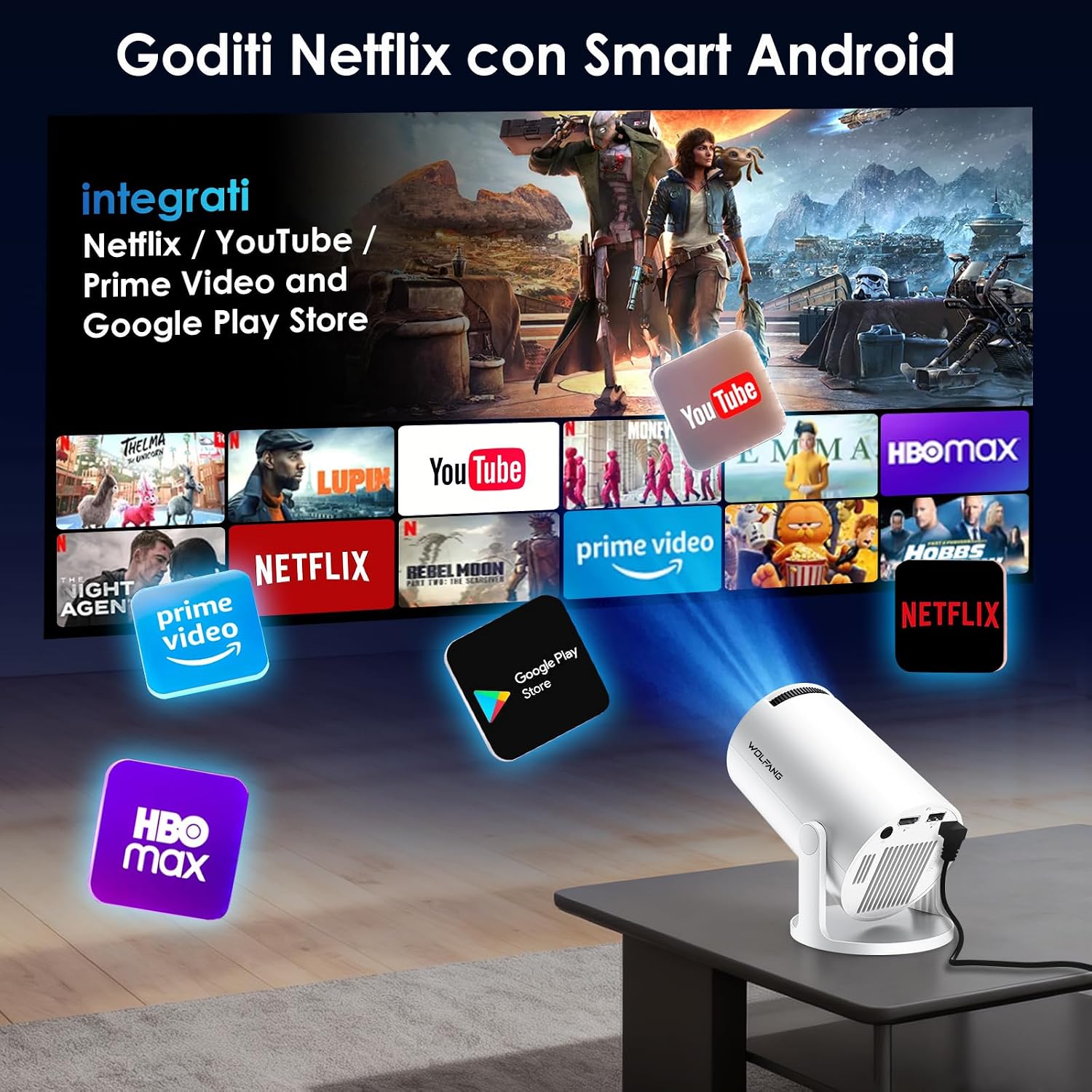 Detalle 2 de WOLFANG Mini Proiettore Portatile WiFi 6 con Android 14 e Schermo 1080P - Proietta fino a 200
