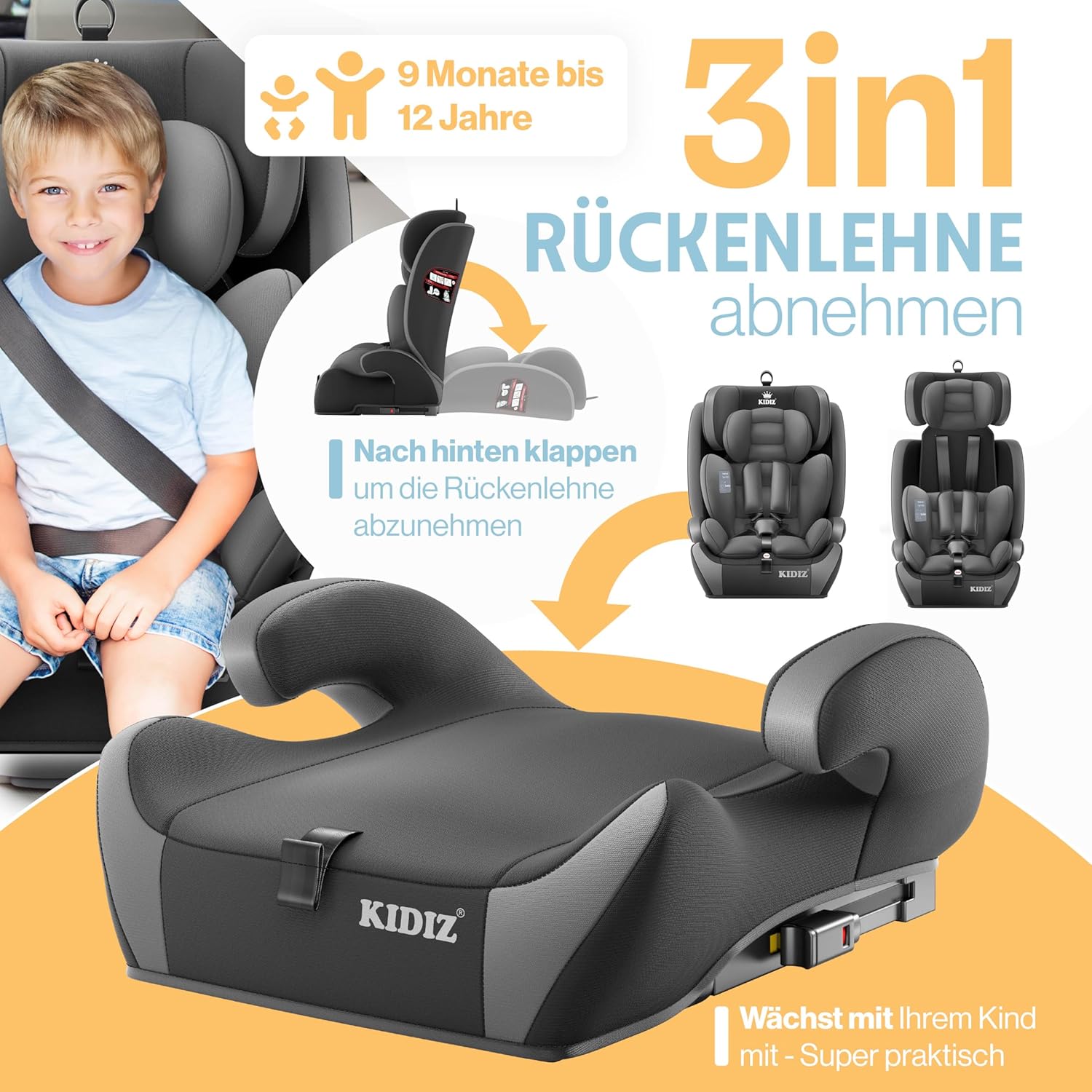 Thumbnail 2 de KIDIZ Autokindersitz mit Isofix i-Size R129 100–150 cm (bis 12 Jahre) – mitwachsender Sitz, 5-Punkt-Gurt, Grau