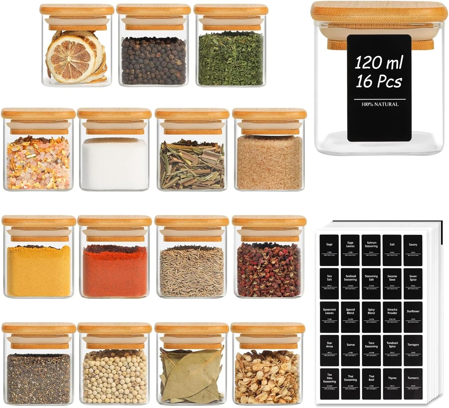Detalle de ComSaf Square/4oz/16pcs glazen kruidenpotjes, 120 ml, bamboedeksel