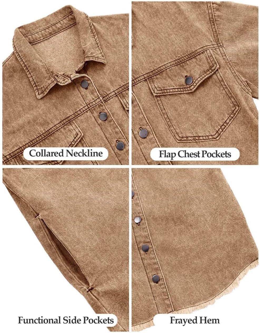 Detalle de Vetinee Women’s Oversized Frayed-Hem Button-Up Shacket Denim Jacket with Pockets