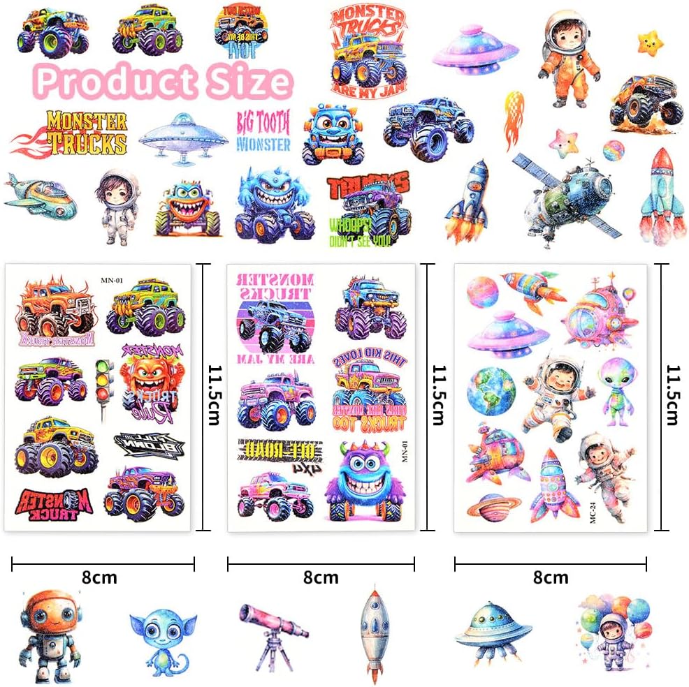 Detalle de Alaoo tillfälliga tatueringar, 24 ark med glitter och rymd- och monstertrucksmotiv