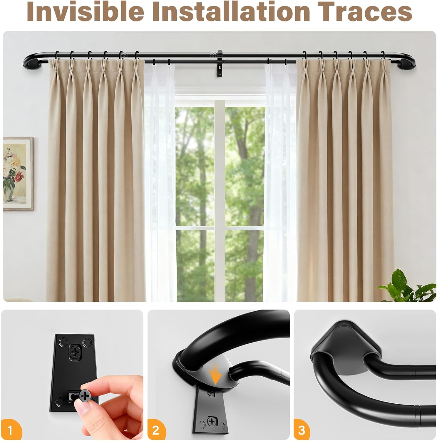Thumbnail 6 de Abiglifty Double Curtain Pole 71-122cm, 19mm Black Extendable Double Rod with Brackets for Eyelet Curtains
