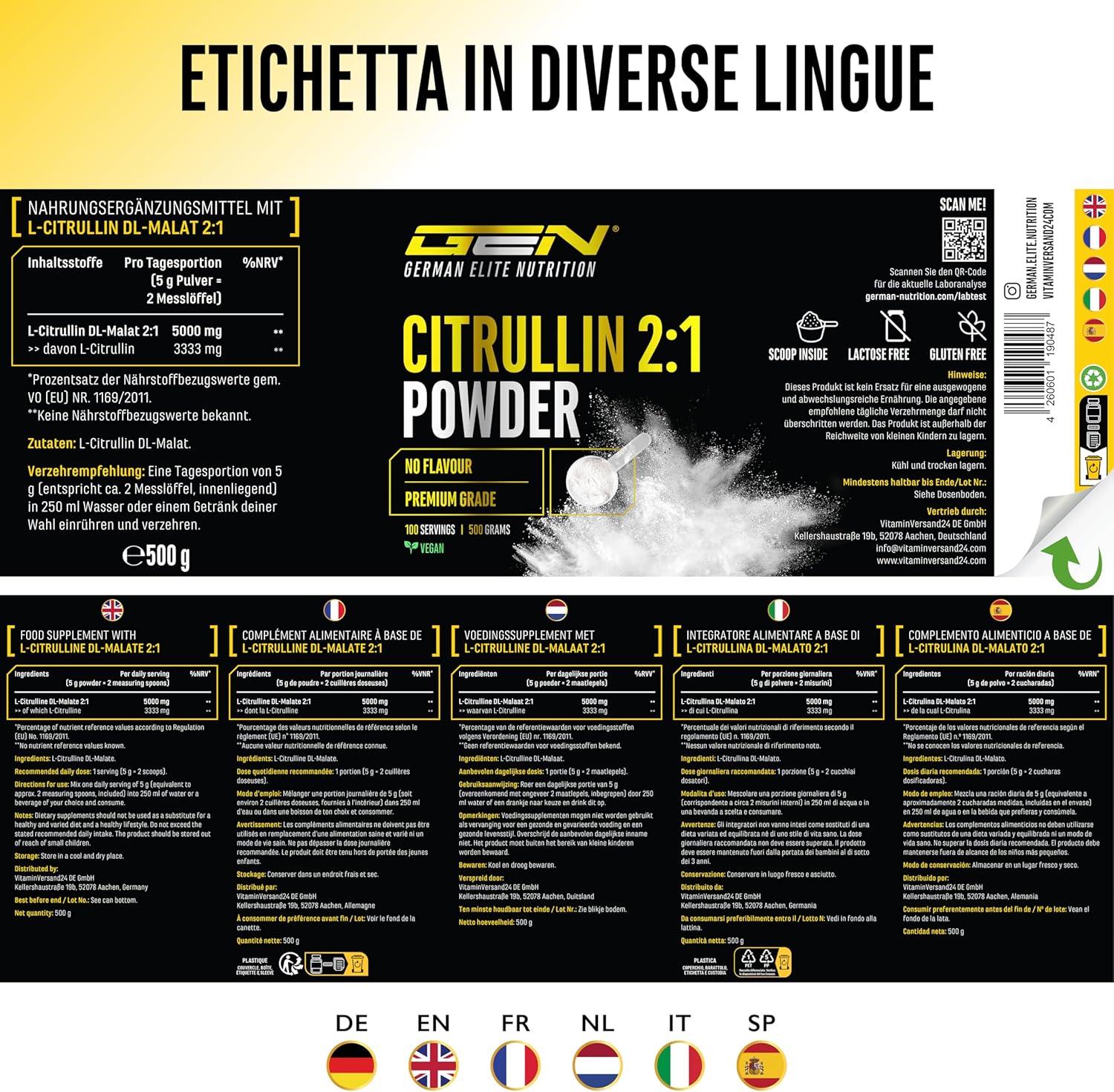 Thumbnail 5 de L-citrullina DL-malato 2:1 – polvere 500 g di GEN GERMAN ELITE NUTRITION: purezza vegana e uso flessibile