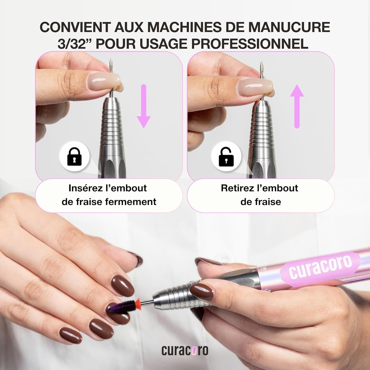 Detalle de Curacoro Embouts de ponceuse 3/32'' en carbure — forme L et grain moyen pour finition d’ongles en gel ou acrylique