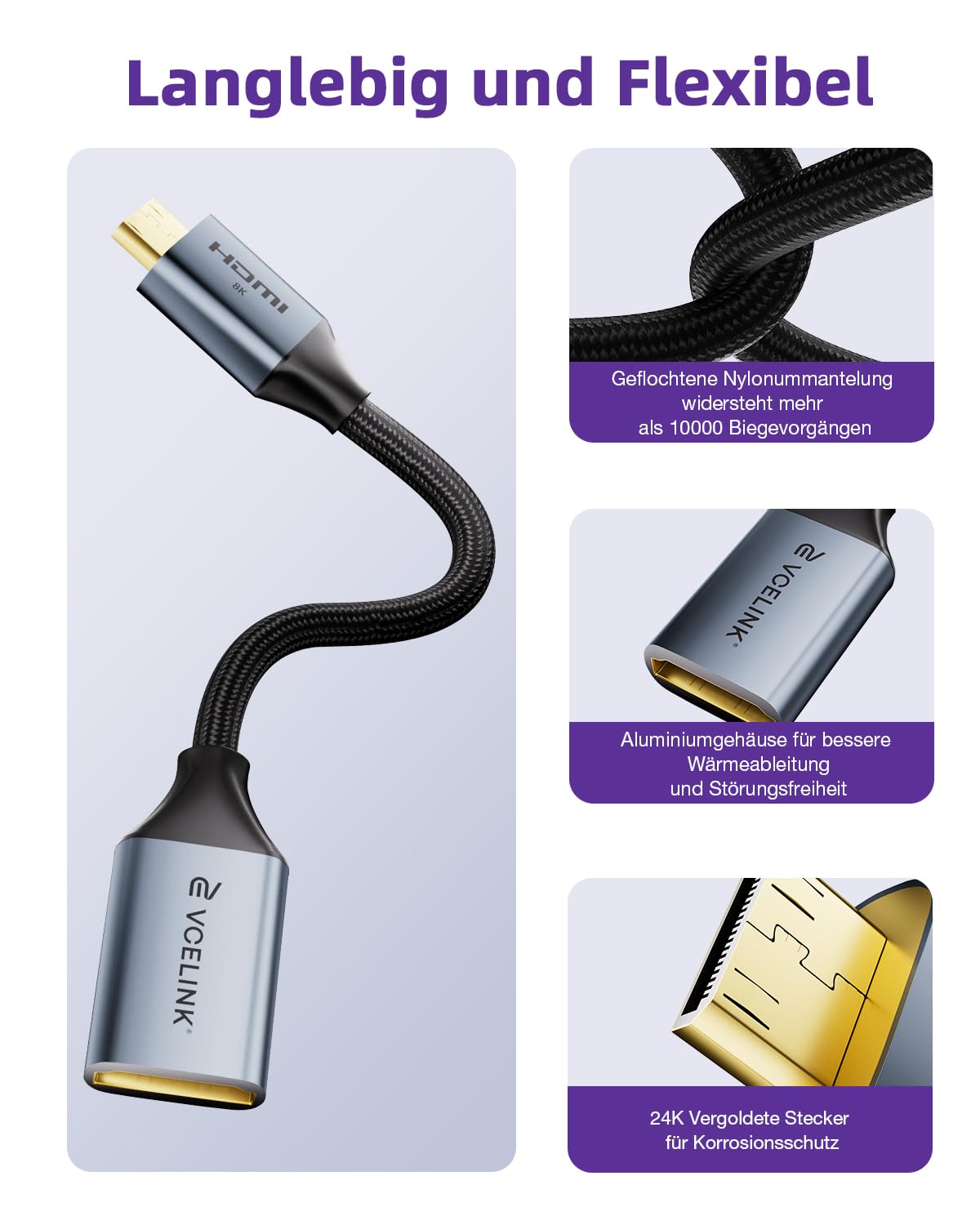 Detalle de VCELINK 8K Mini-HDMI auf HDMI 2.1 Adapter (2.1) – 8K@60 Hz / 4K@120 Hz, vergoldeter Mini-HDMI-Stecker, 18 cm Kabel