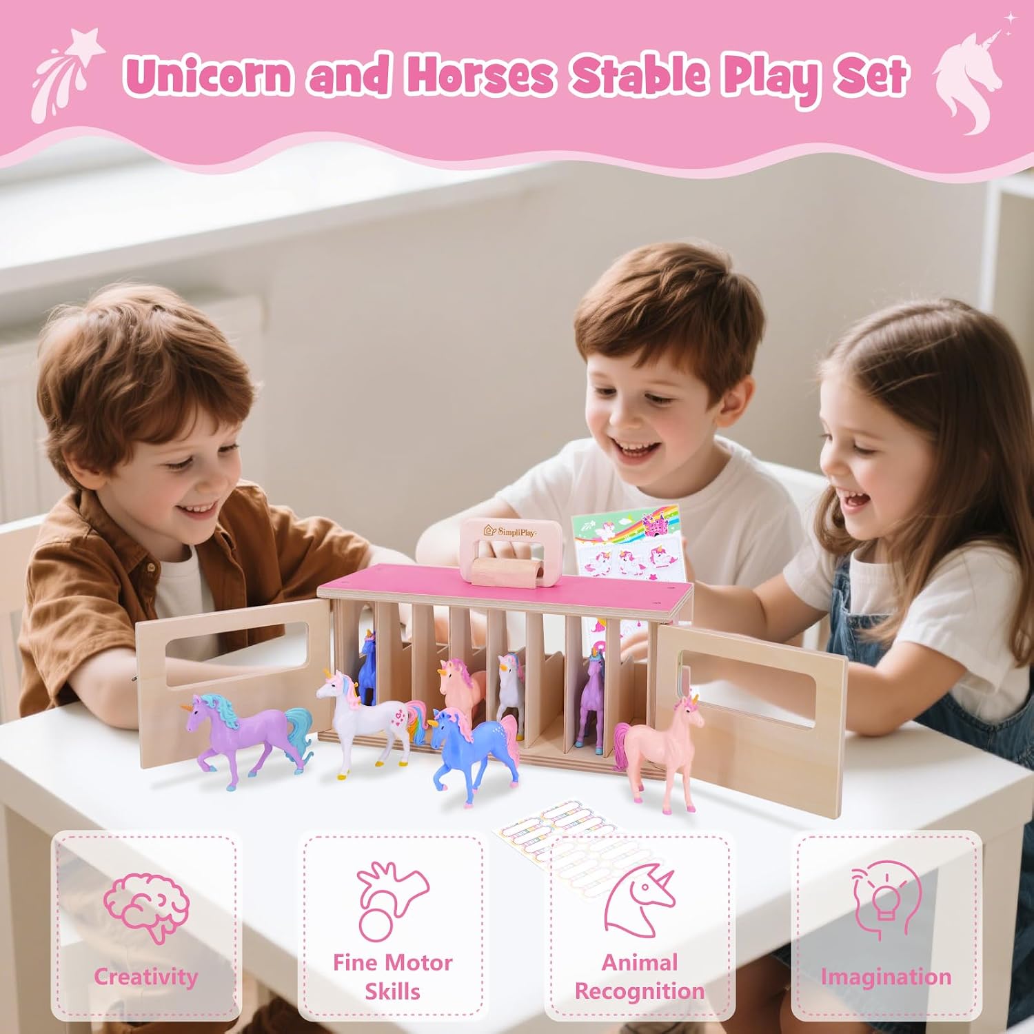 Thumbnail 1 de SIMPLIPLAY Unicorn Wooden Stable Playset – Portable Toy Horse Stable with 8 Unicorn Figures