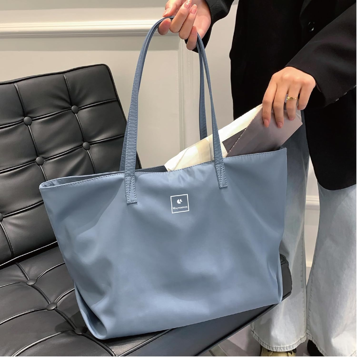 Detalle de MAYMOONER Women's Canvas Tote Bag – Versatile School and Casual Crossbody
