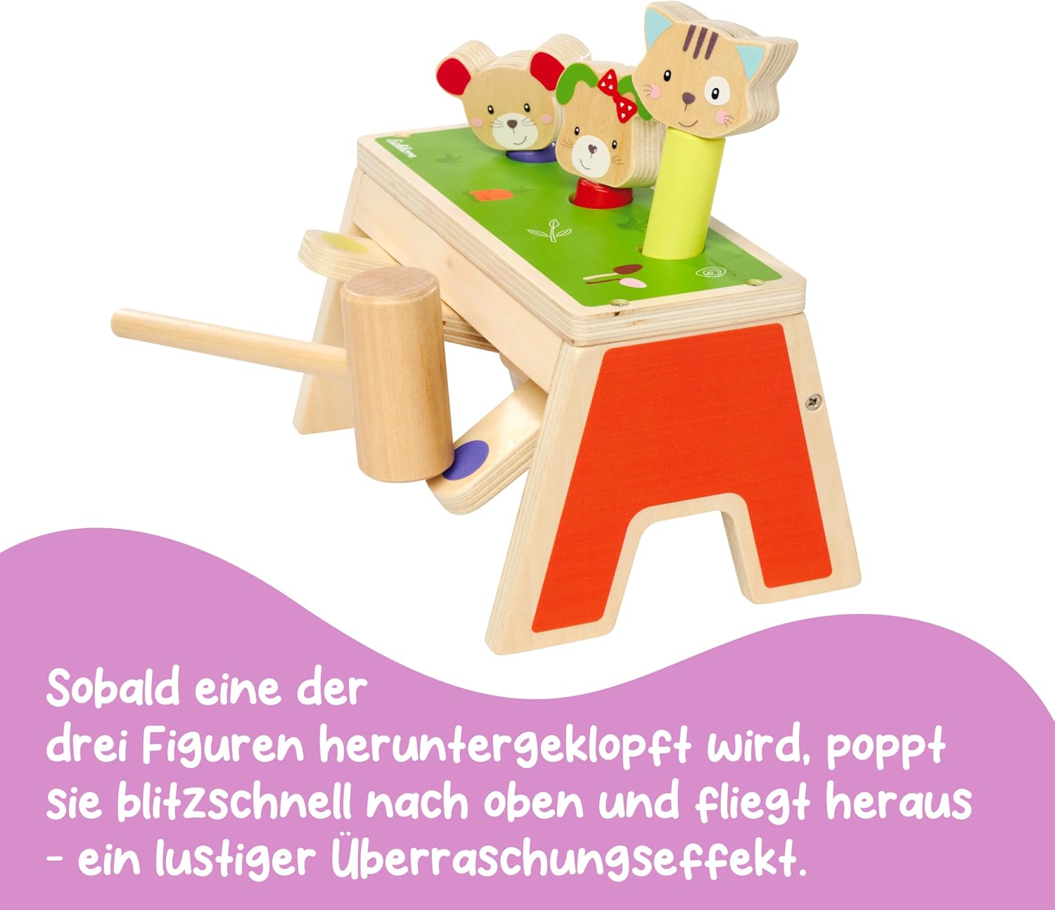 Thumbnail 2 de Eichhorn Pop Up Klopfspiel Friends – 3 bunte Spielflächen, Holzhammer, FSC Birkenholz, ab 1 Jahr, 13×19 cm
