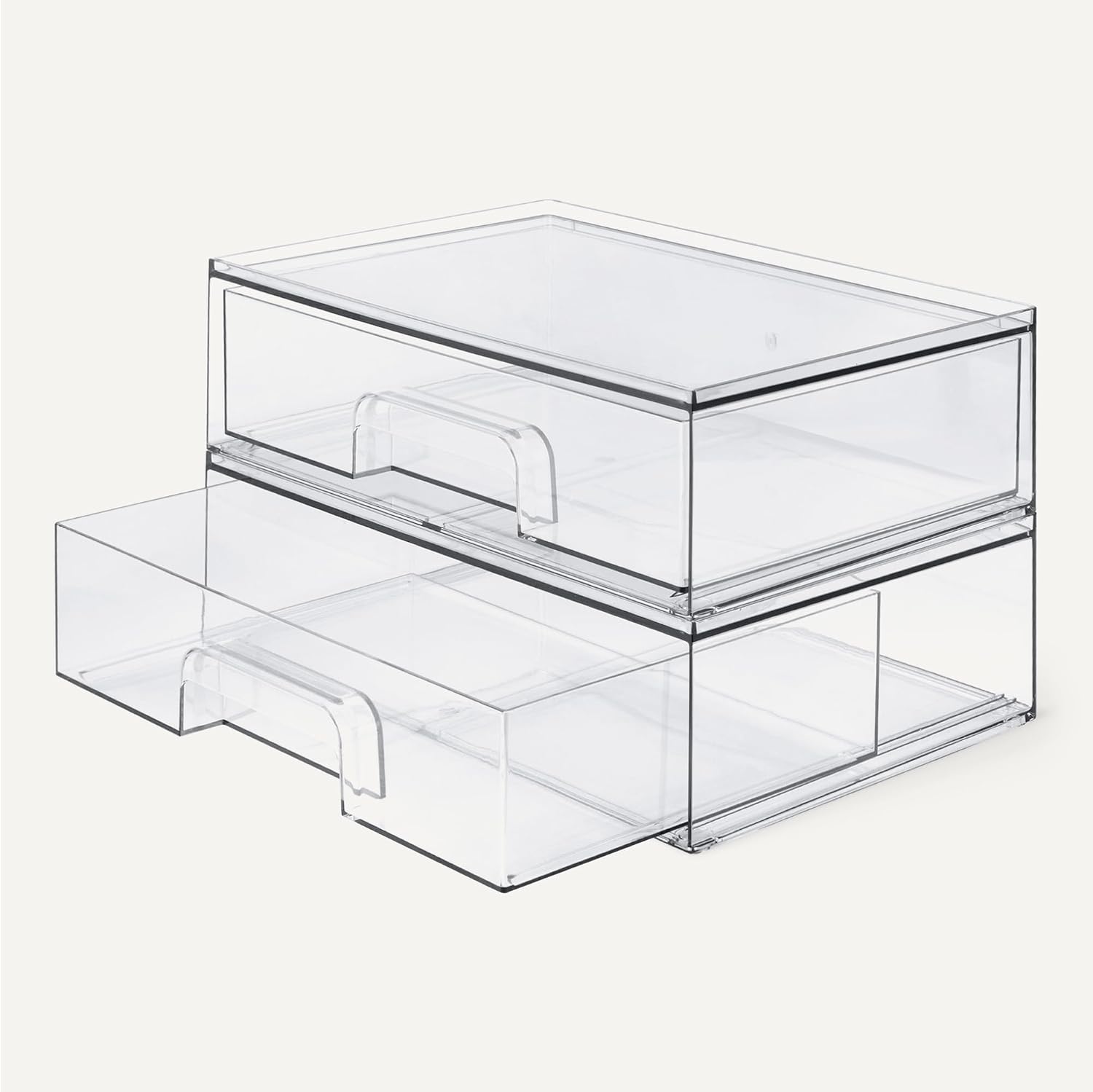 Detalle de Amazon Basics stapelbare Aufbewahrungsschubladen aus Kunststoff (transparent), 2er-Set – Make-up-Organizer