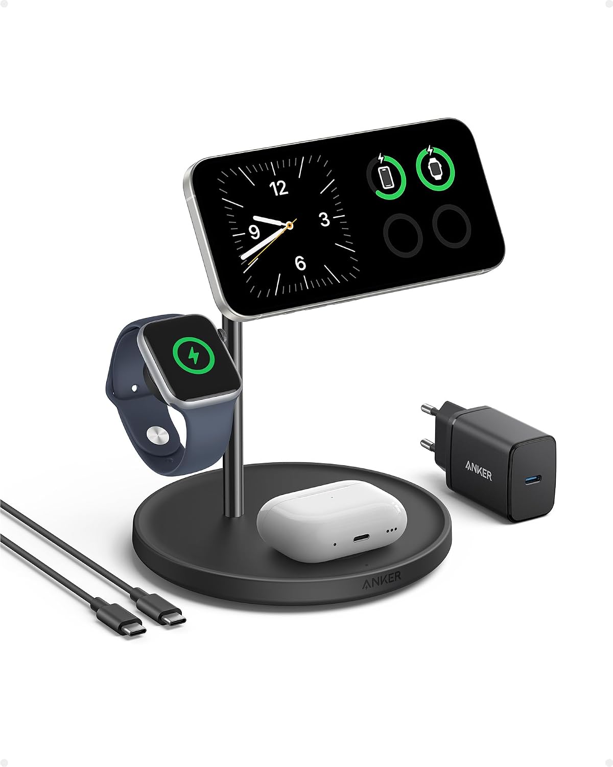 Detalle de Anker MagGo 3-in-1 Kabellose Ladestation – 15W Schnelles Laden für iPhone, AirPods und Apple Watch
