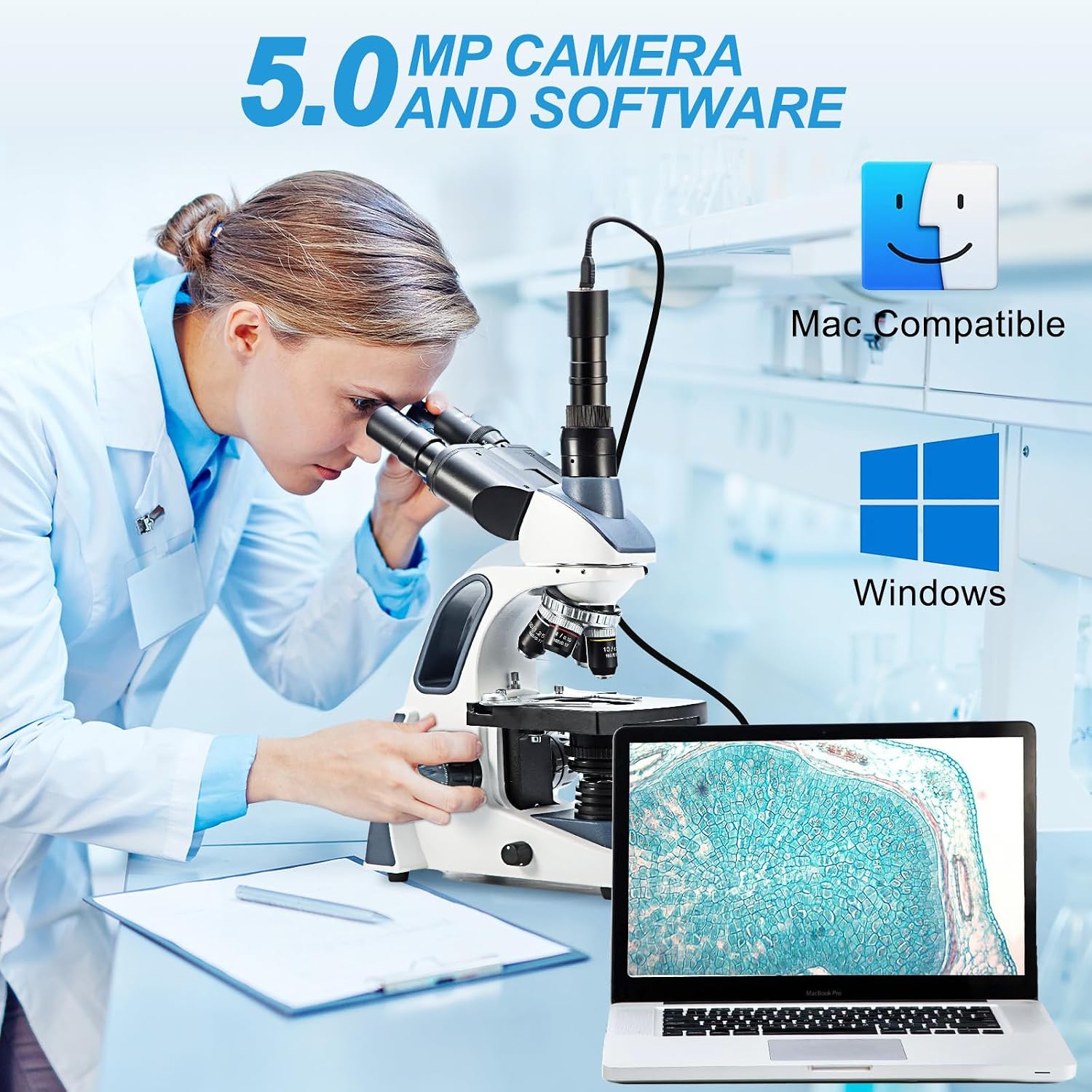 Thumbnail 4 de SWIFT SW380T Compound Trinocular Microscope with 40–2500X Magnification, 5.0MP Camera, and Included Slides