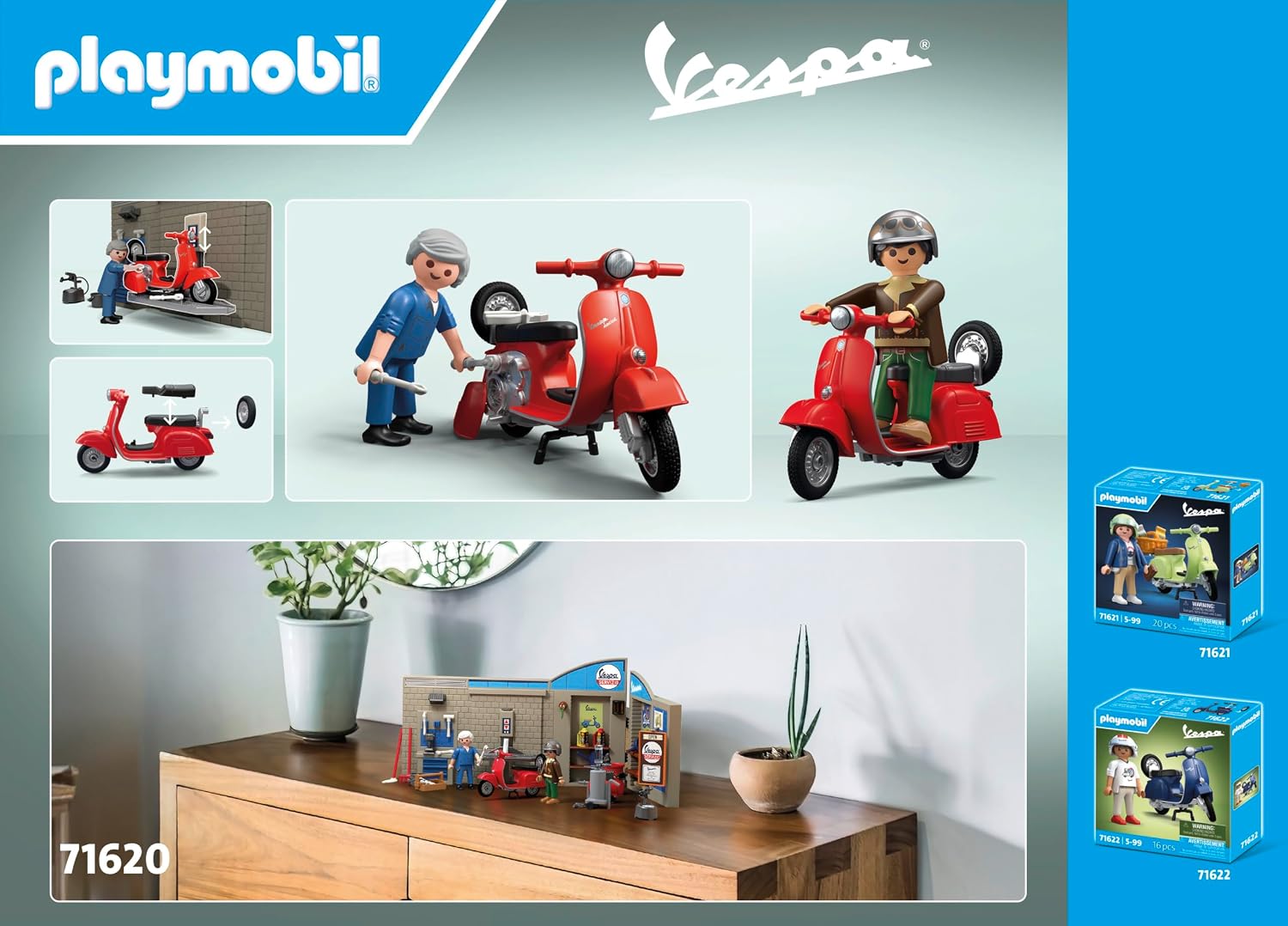 Thumbnail 4 de PLAYMOBIL Cars 71620 Vespa Garage – 60er Jahre Werkstatt mit Hebebühne und 88-teiligem Zubehör