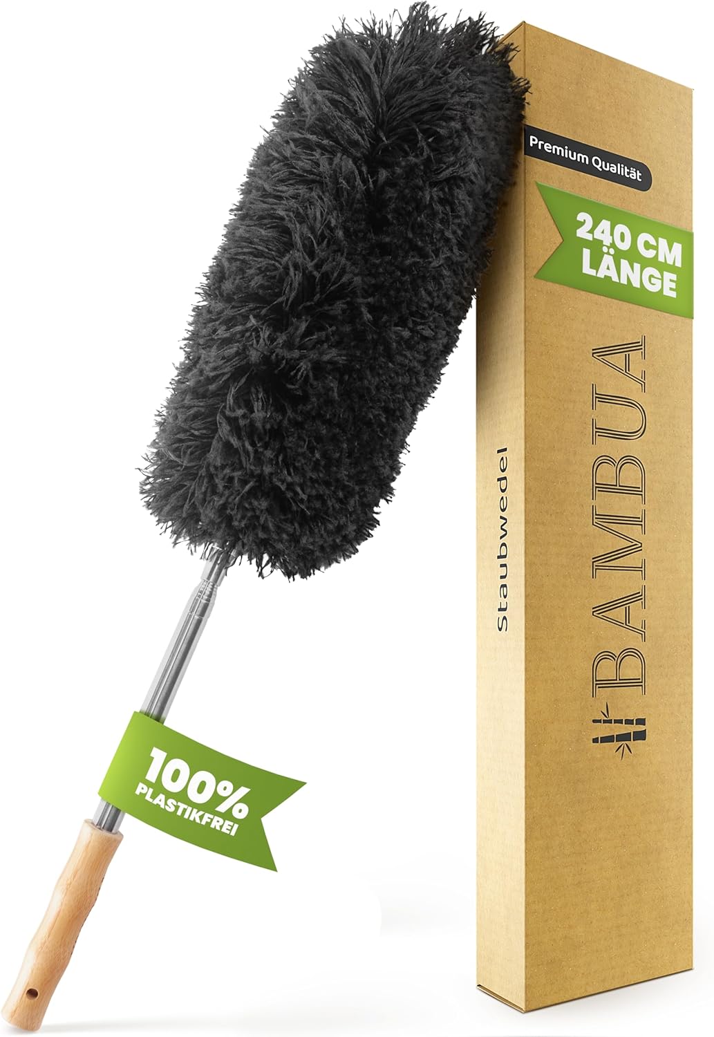 BAMBUA Staubwedel Teleskop (100% plastikfrei) mit Mikrofaser – Bambusgriff, bis 240 cm