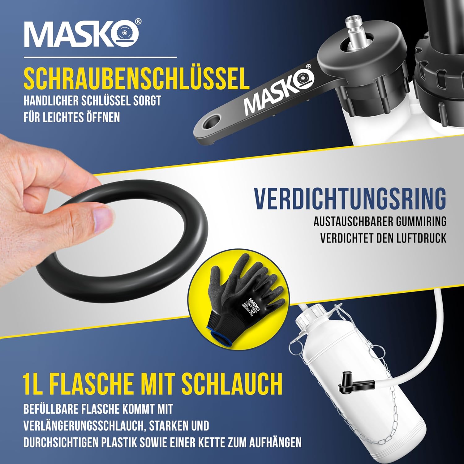 Detalle 2 de MASKO® Bremsenentlüftungsgerät Auto – Bremsflüssigkeits-Wechsel Set mit Handpumpe, 3L + 1L Absaugbehälter, für Scheiben- und Trommelbremsen
