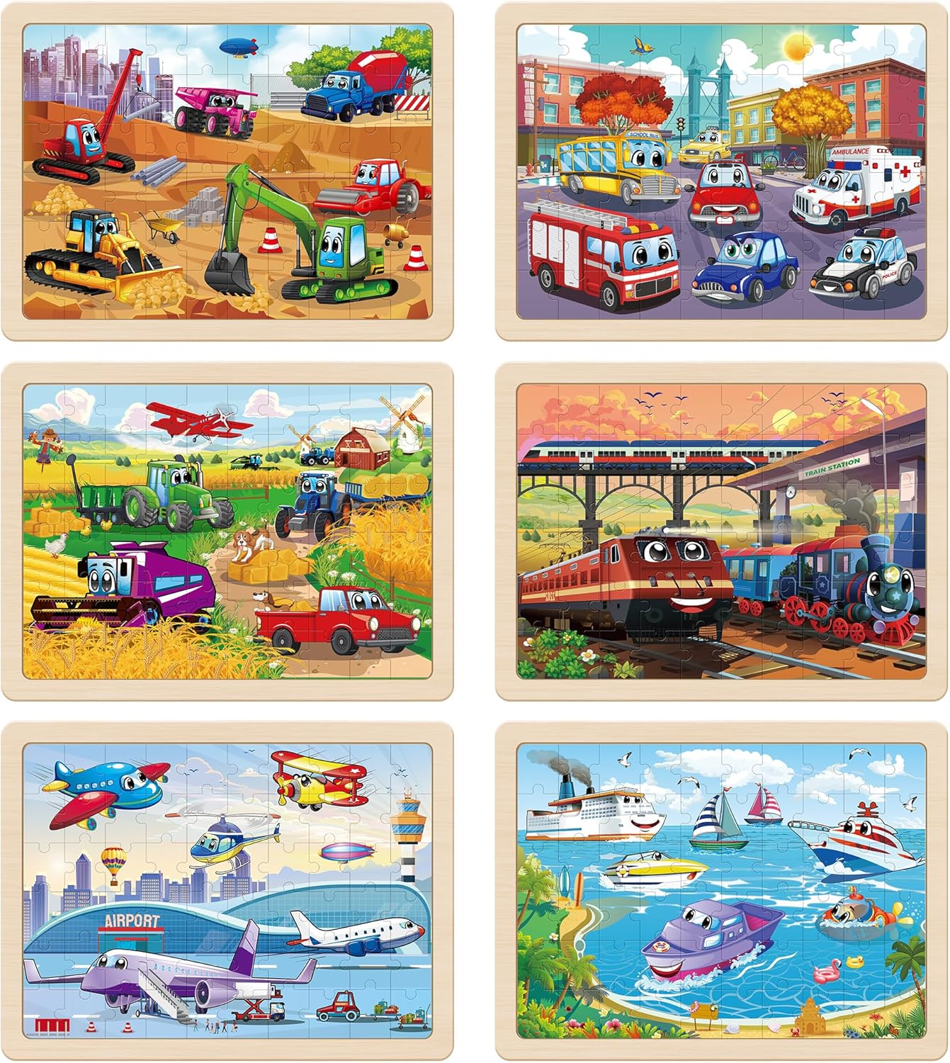 Detalle de SYNARRY Wooden Vehicle Puzzles for Kids – 6 Packs of 60 Pieces