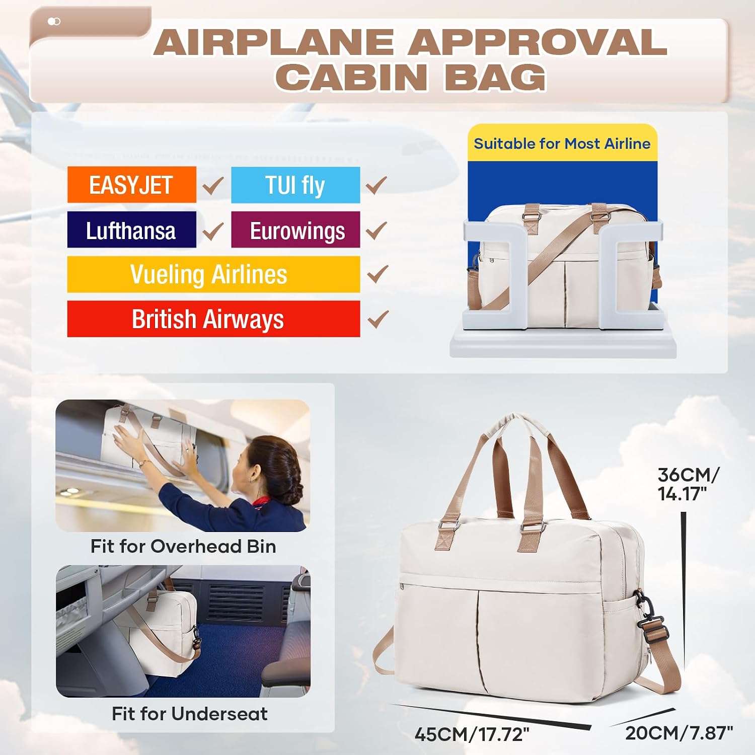 Thumbnail 2 de Reisetasche Damen 45×36×20 Easyjet Handgepäck Tasche Dufflebag/Weekender 10 cm erweiterbar (wasserfest) – D1-Beige braun