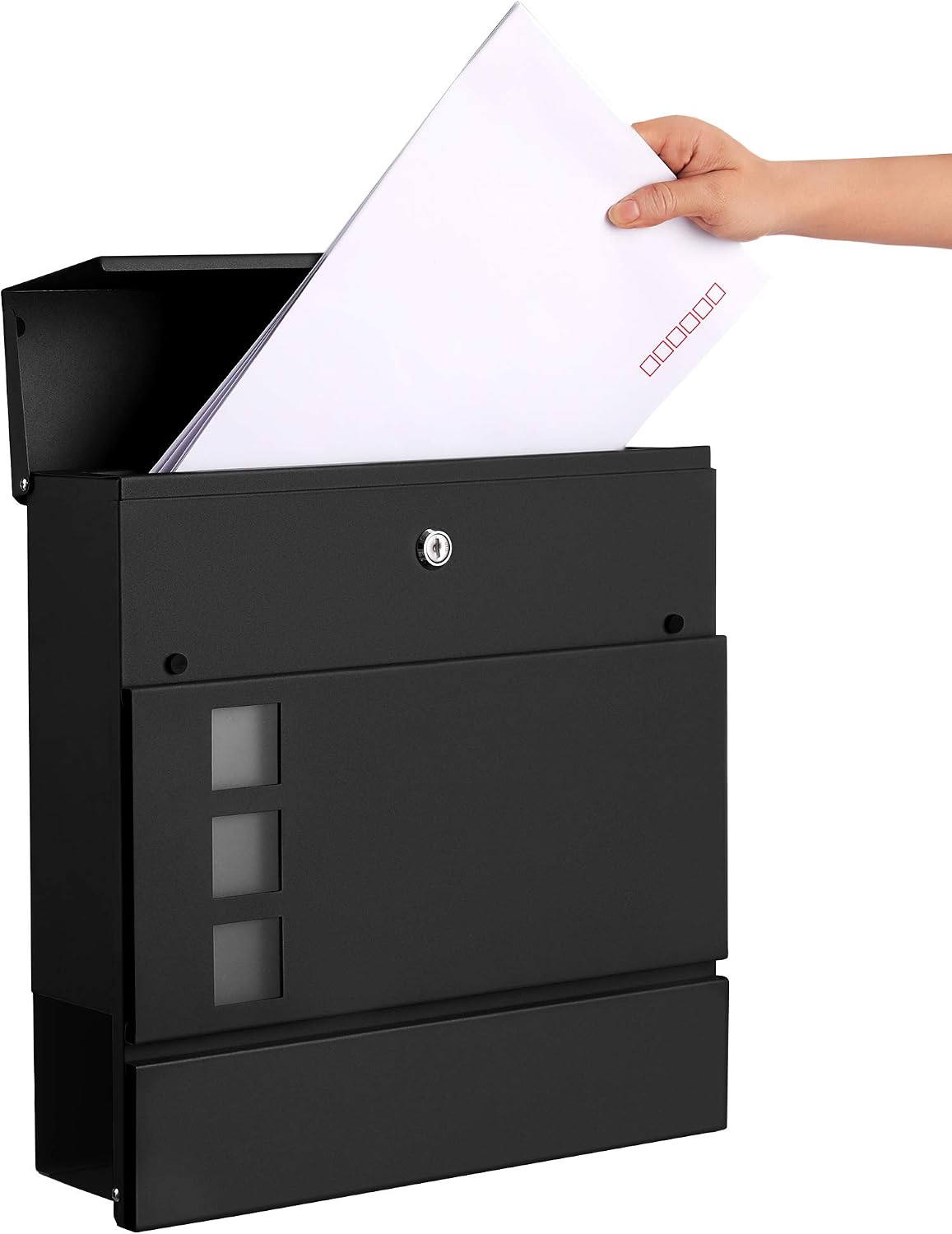 Detalle de SONGMICS XXL Briefkasten GMB052B01 – robuster Wandbriefkasten mit Zeitungsfach, Sichtfenster und Schloss in Schwarz