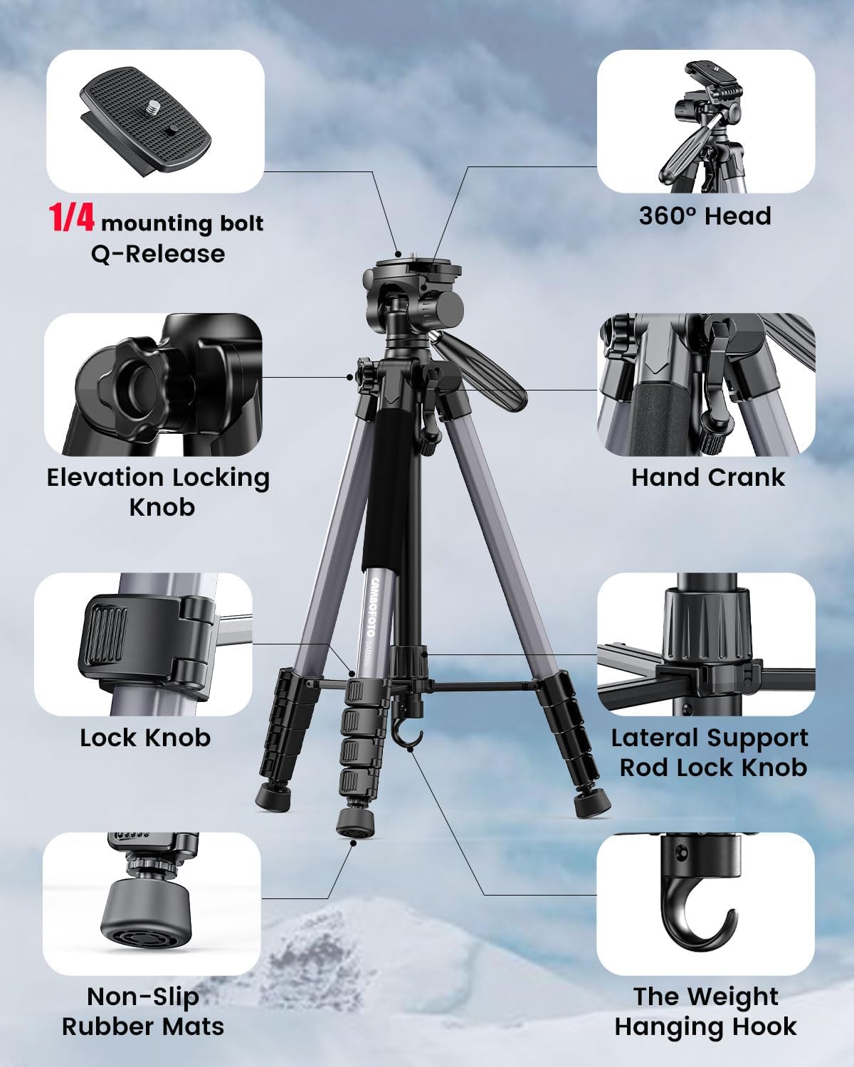 Detalle de CAMBOFOTO 74″ Aluminum Camera Tripod with 360° Pan Head & Phone Mount