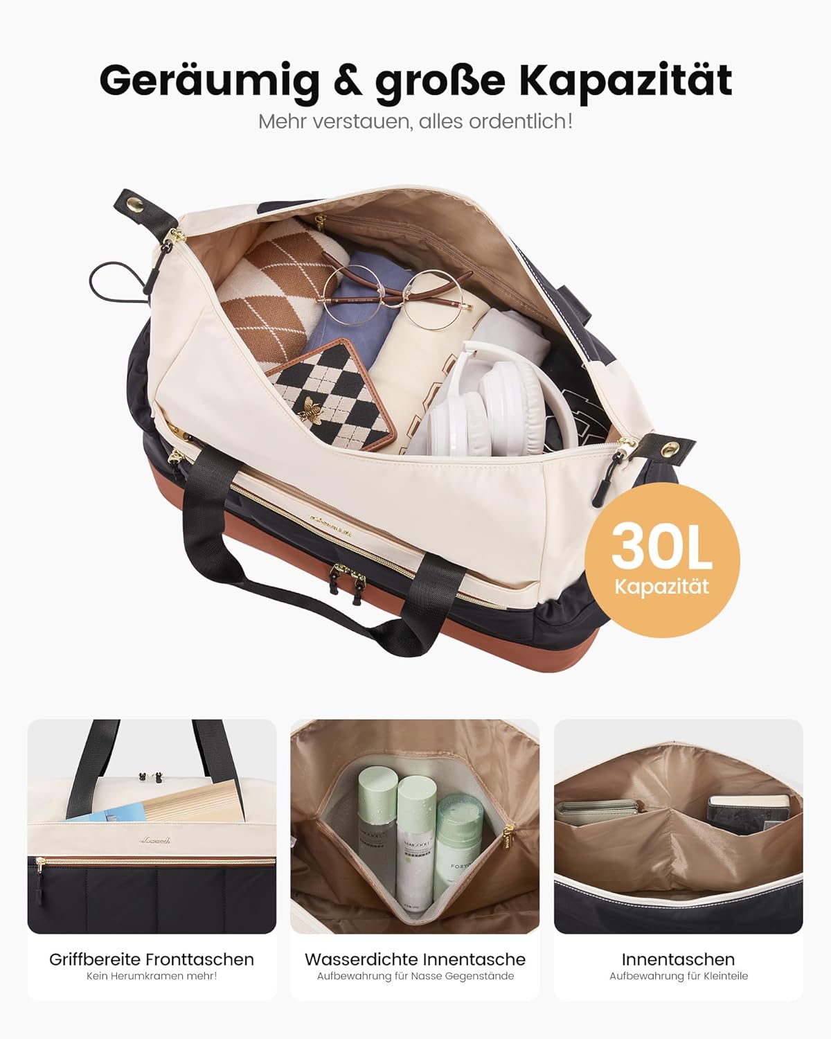 Detalle de LOVEVOOK Reisetasche Damen – Leichtes Weekender mit Schuhfach und Nassfach, 30 L, 46x20,3x32,5 cm