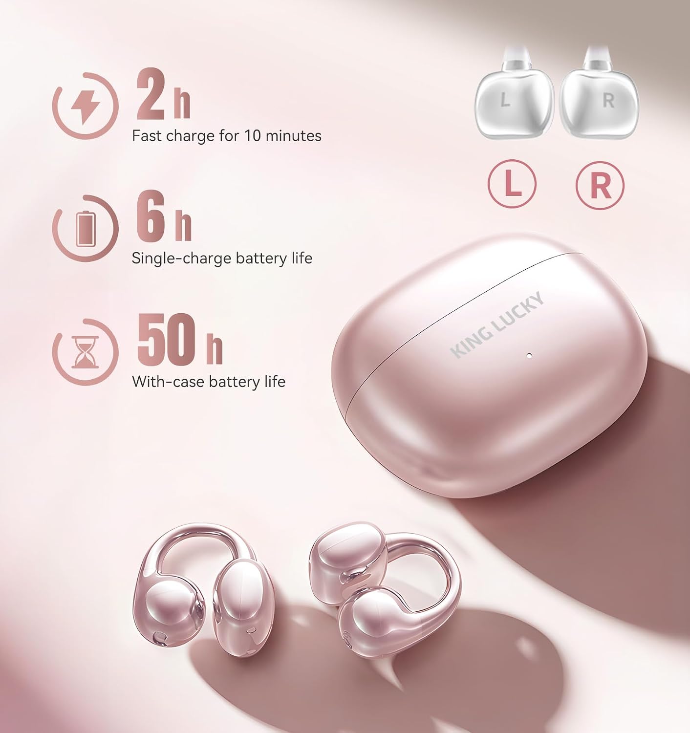 Thumbnail 6 de King Lucky i121 Open Ear Clip-on Wireless Bluetooth 5.4 Earbuds (Rose Gold) with Mic